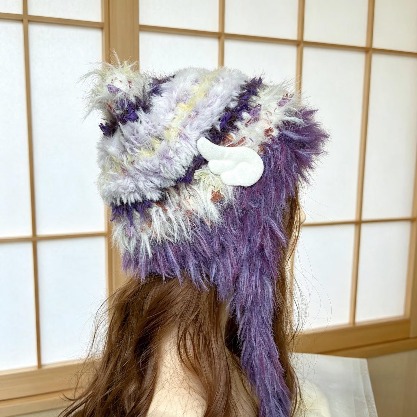 Handmade Purple and White Cat Ear Hat - Shaggy Faux Fur Jellyfish Beanie with Pom-Poms - Whimsical Aesthetic Winter Trapper Hat