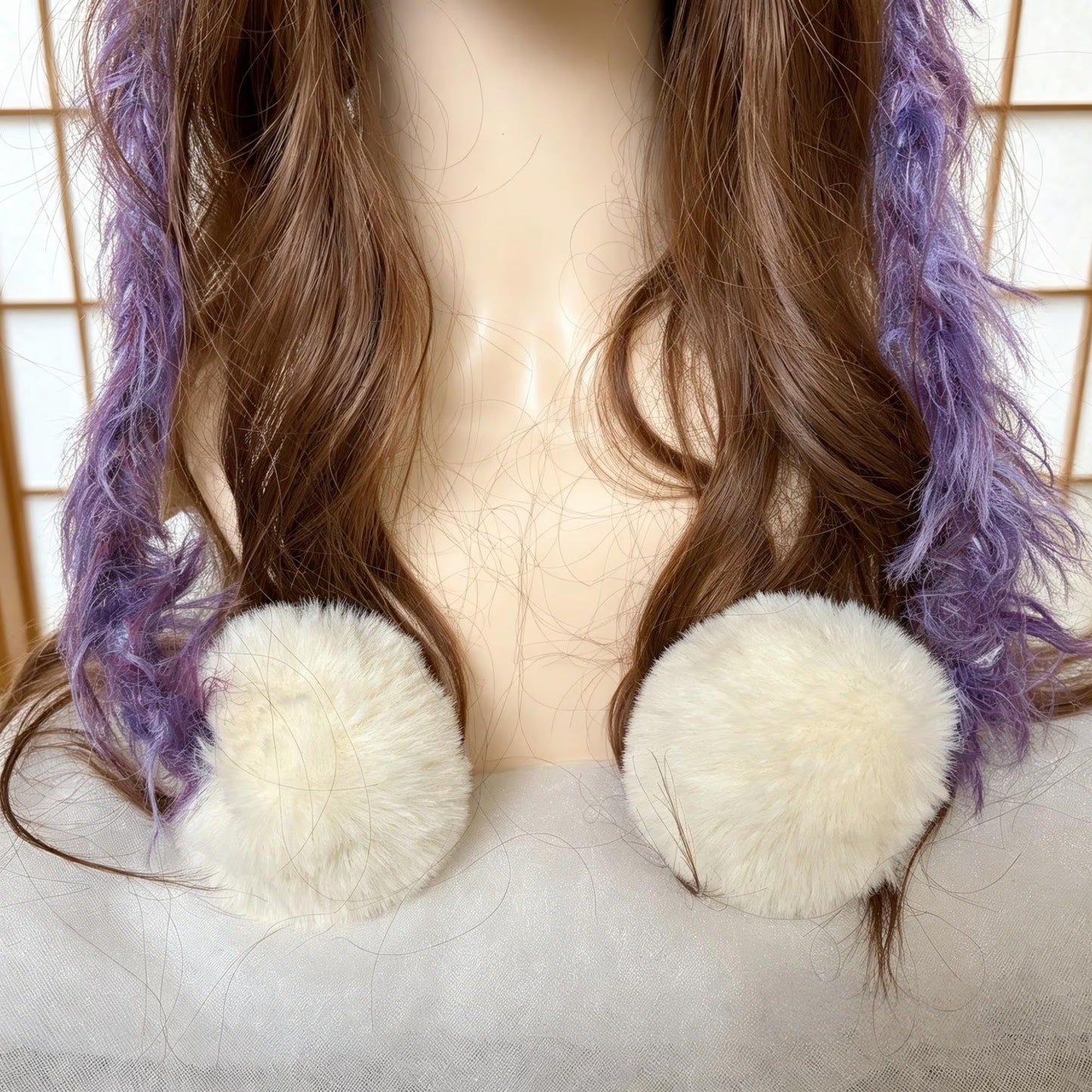 Handmade Purple and White Cat Ear Hat - Shaggy Faux Fur Jellyfish Beanie with Pom-Poms - Whimsical Aesthetic Winter Trapper Hat