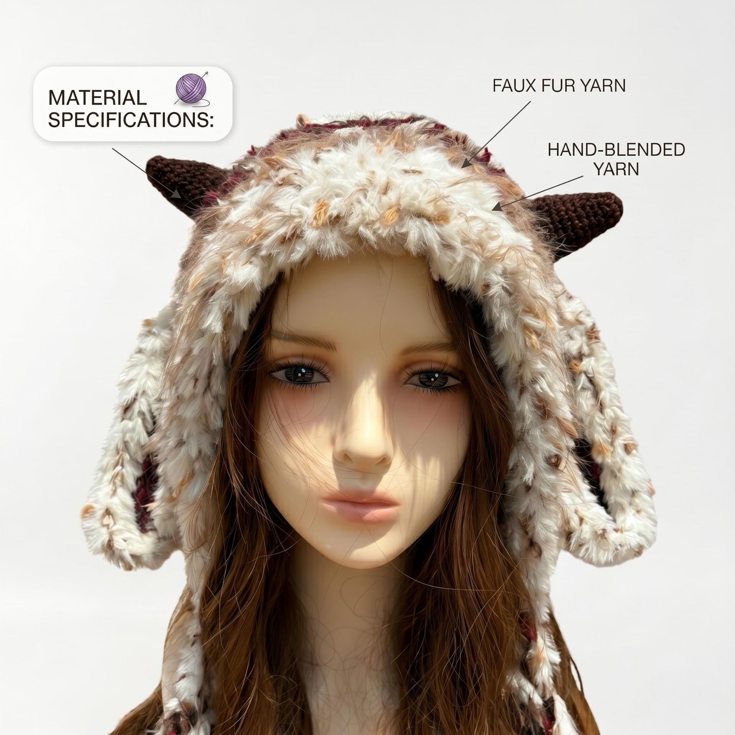 Handmade Lamb Ear Hat - Brown & Cream Fuzzy Jellyfish Beanie - Plush Winter Trapper Hat