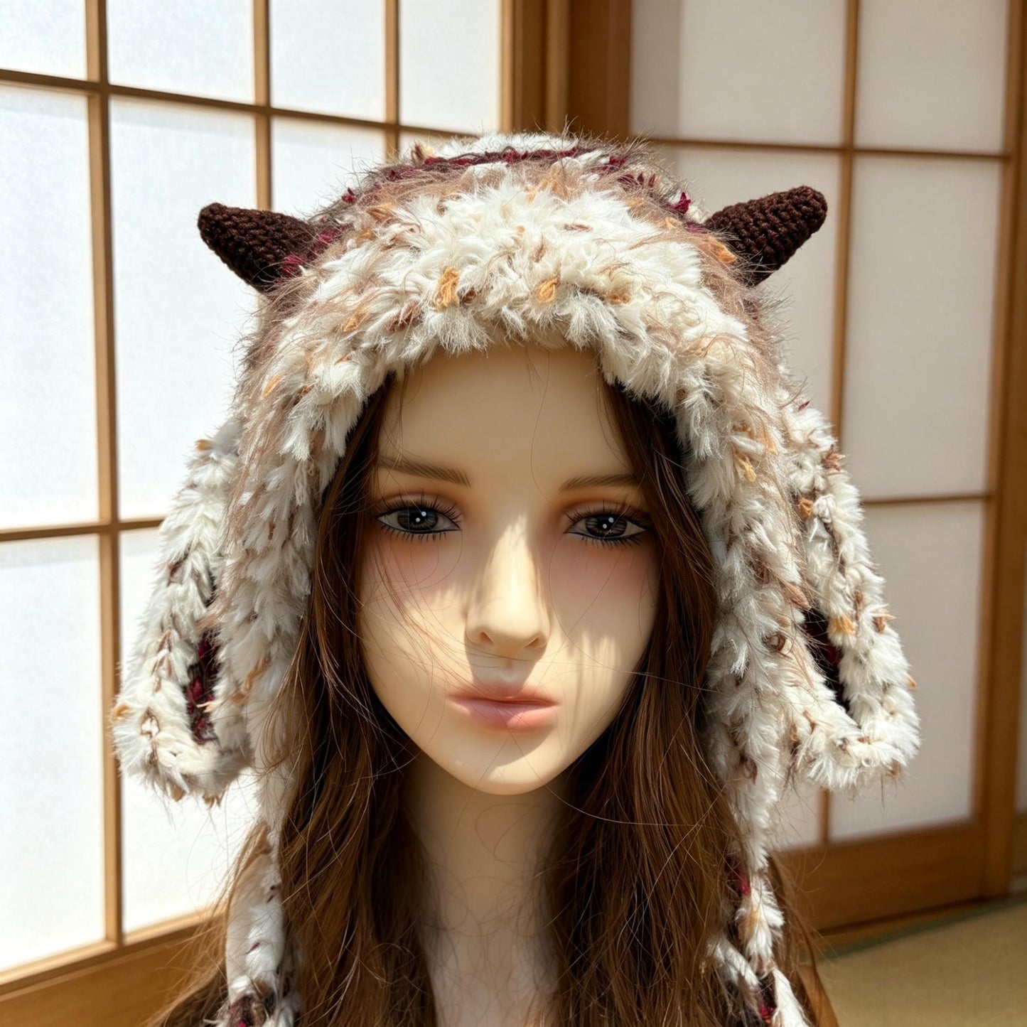 Handmade Lamb Ear Hat - Brown & Cream Fuzzy Jellyfish Beanie - Plush Winter Trapper Hat