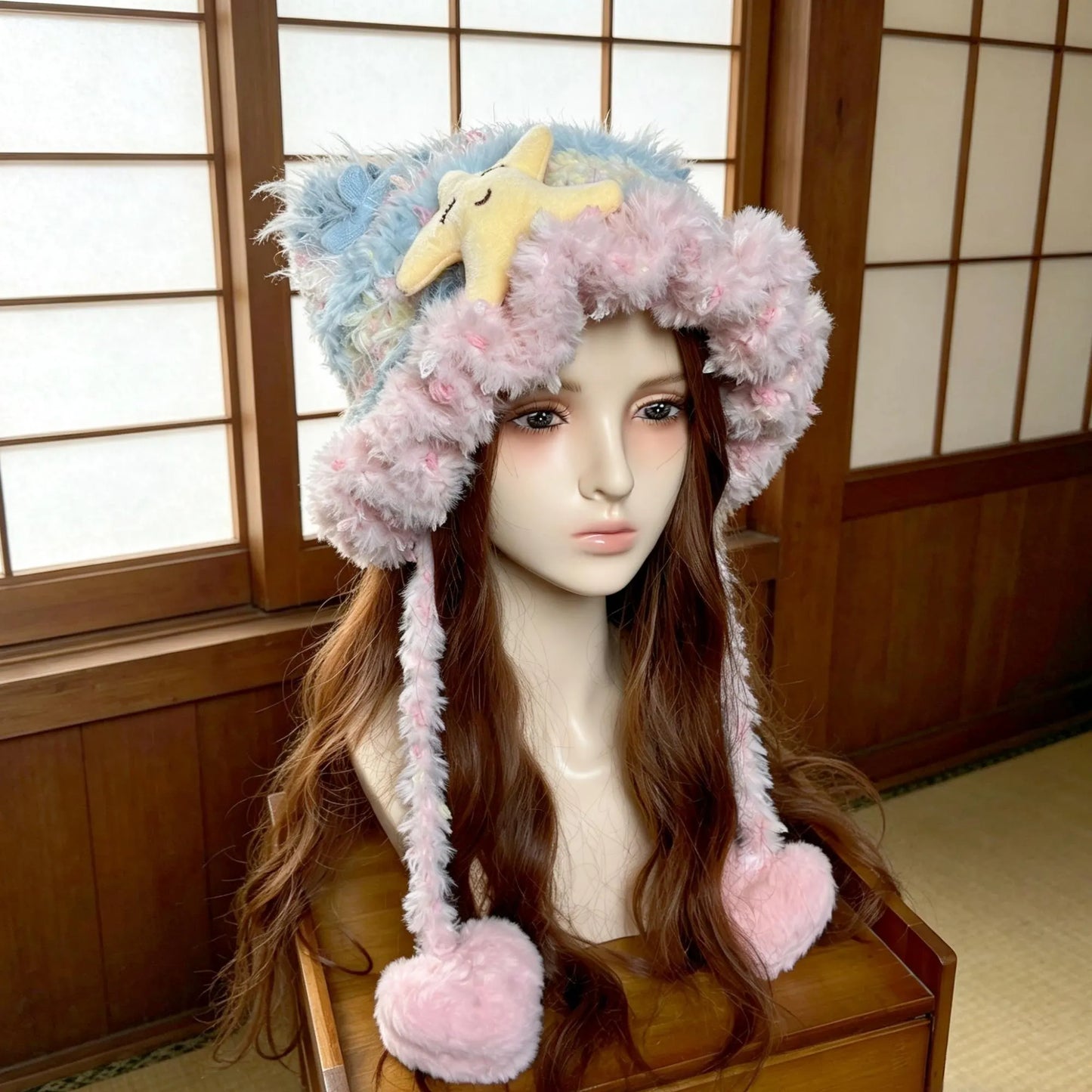 Handmade Chunky Crochet Cat Ear Beanie, Hand-Blended Yarn Fluffy Animal Hat with Star Plush, Whimsical Pastel Pink Blue Winter Earflap Bonnet