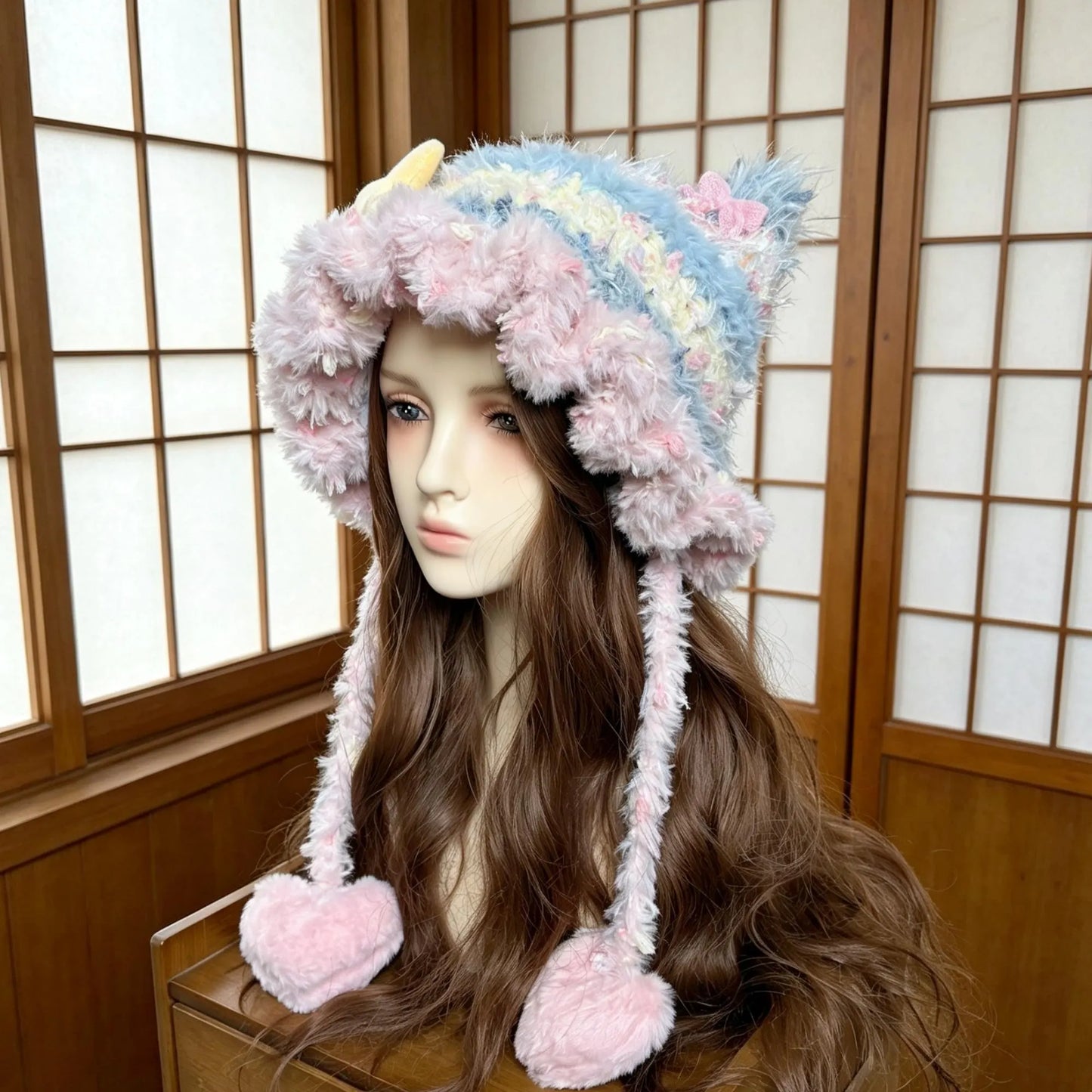 Handmade Chunky Crochet Cat Ear Beanie, Hand-Blended Yarn Fluffy Animal Hat with Star Plush, Whimsical Pastel Pink Blue Winter Earflap Bonnet