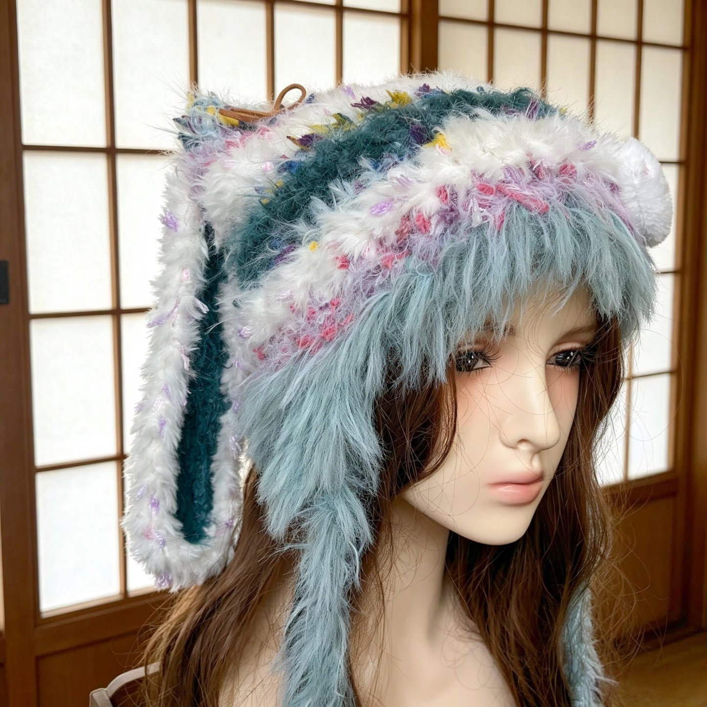 Handmade Long Ear Rabbit Beanie, Moss Green Mixed Yarn Fluffy Trapper Hat with Star Accent, Whimsical Shaggy Earflap Hat, Forest Fairycore Gift