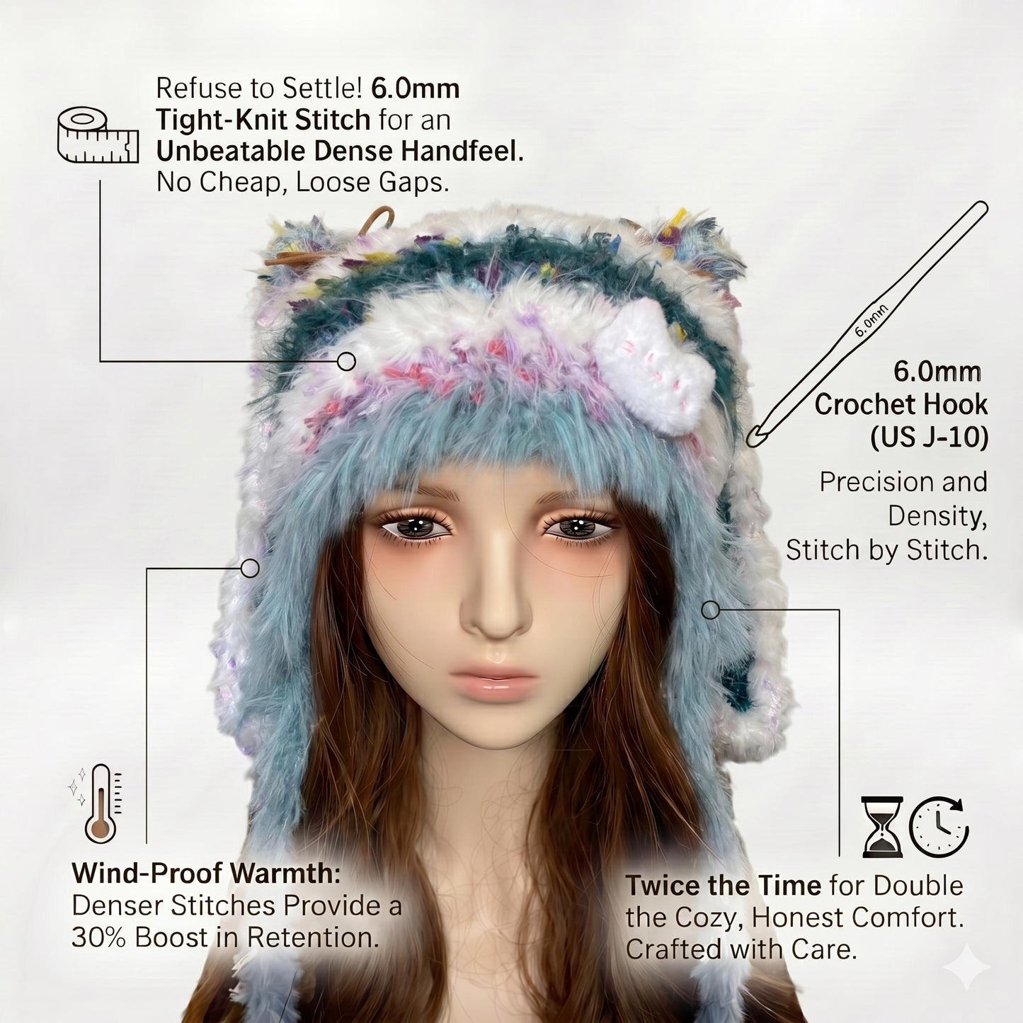 Handmade Long Ear Rabbit Beanie, Moss Green Mixed Yarn Fluffy Trapper Hat with Star Accent, Whimsical Shaggy Earflap Hat, Forest Fairycore Gift