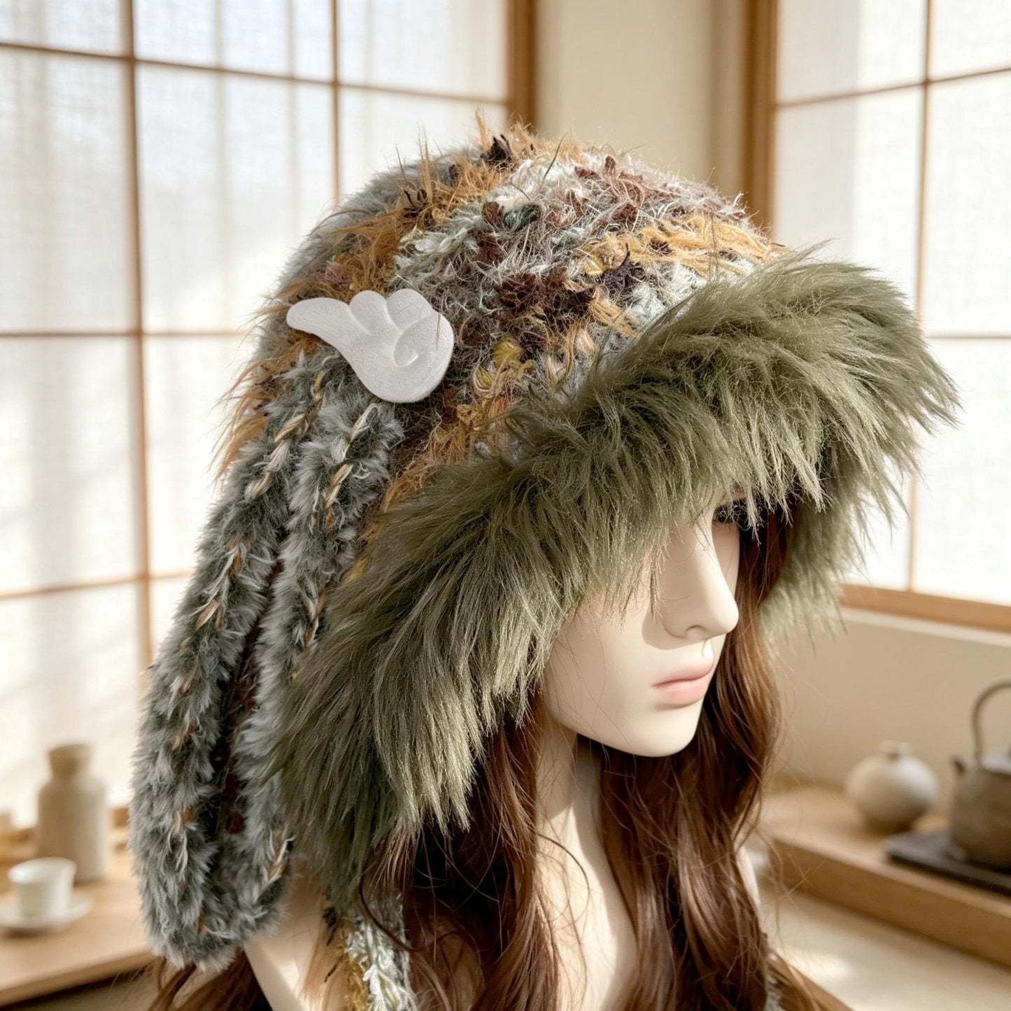 Handmade Bunny Ear Hat - Moss Green Fuzzy Jellyfish Beanie - Plush Winter Trapper Hat with Pom-Poms