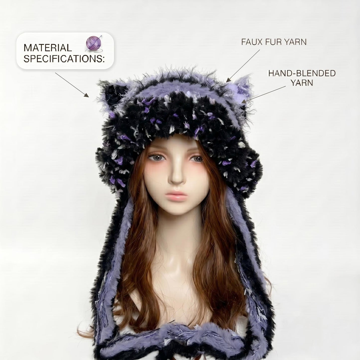 Crochet Cat Ear Hat, Goth Purple Black Faux Fur Beanie with Long Scarf Earflaps, Cute Grunge Fairycore Winter Hat, Handmade Whimsical Punk Bonnet