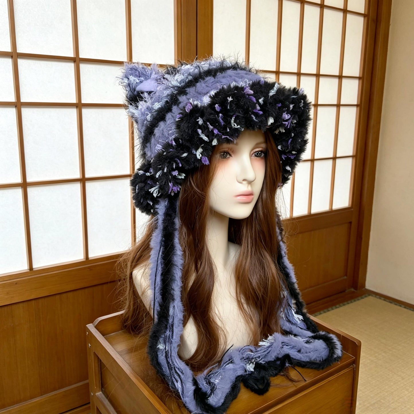 Crochet Cat Ear Hat, Goth Purple Black Faux Fur Beanie with Long Scarf Earflaps, Cute Grunge Fairycore Winter Hat, Handmade Whimsical Punk Bonnet