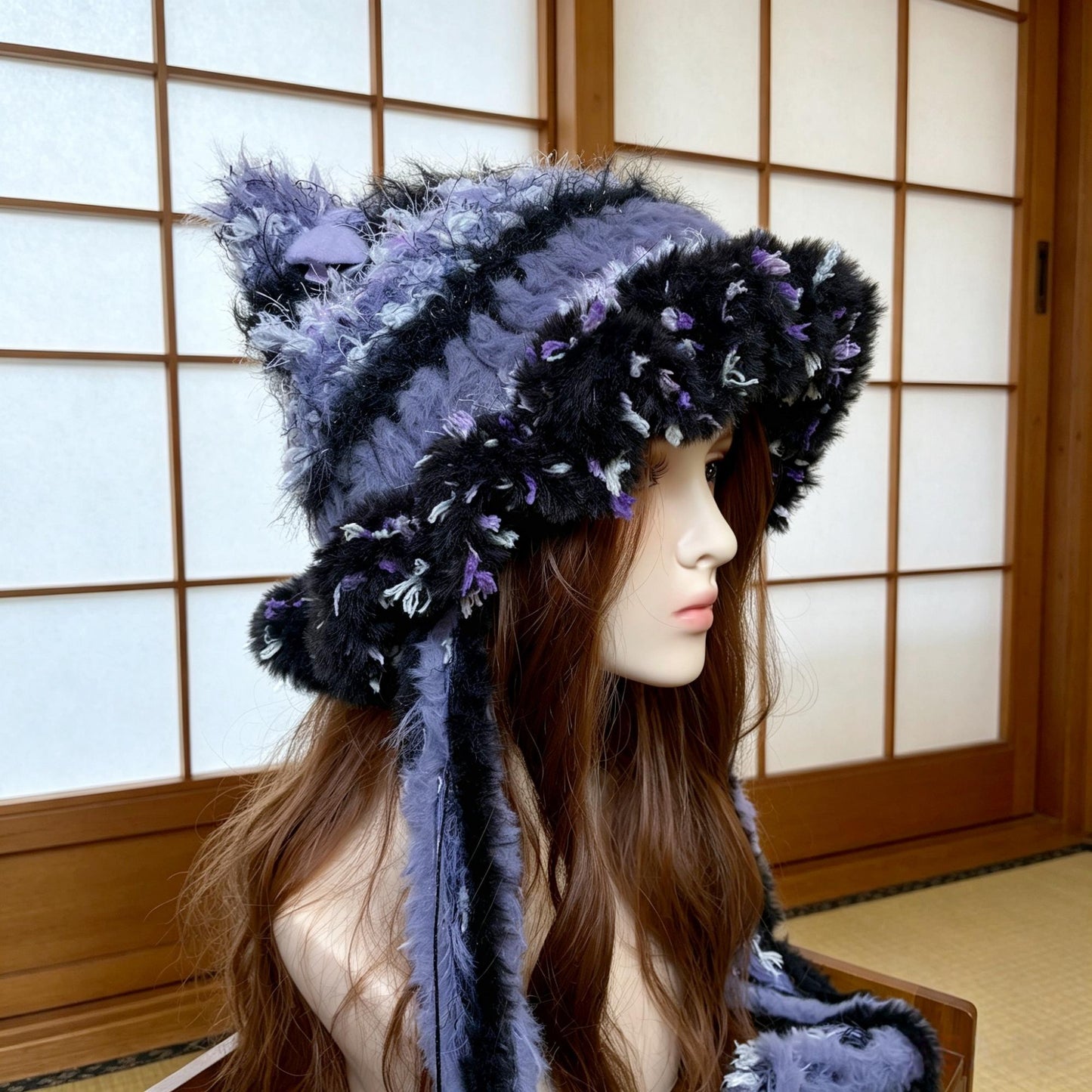Crochet Cat Ear Hat, Goth Purple Black Faux Fur Beanie with Long Scarf Earflaps, Cute Grunge Fairycore Winter Hat, Handmade Whimsical Punk Bonnet