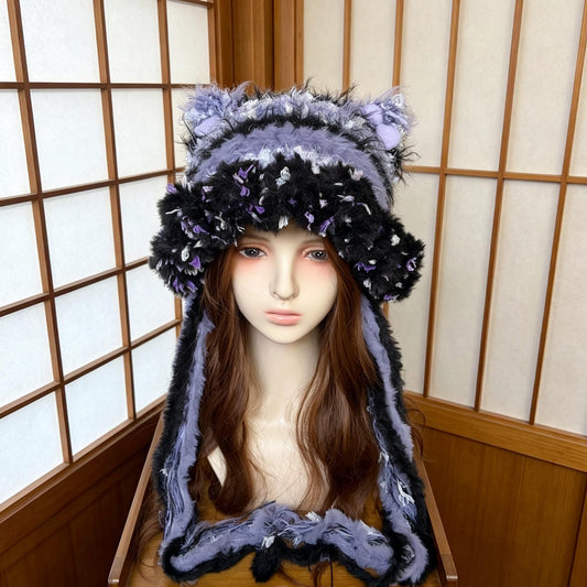 Crochet Cat Ear Hat, Goth Purple Black Faux Fur Beanie with Long Scarf Earflaps, Cute Grunge Fairycore Winter Hat, Handmade Whimsical Punk Bonnet