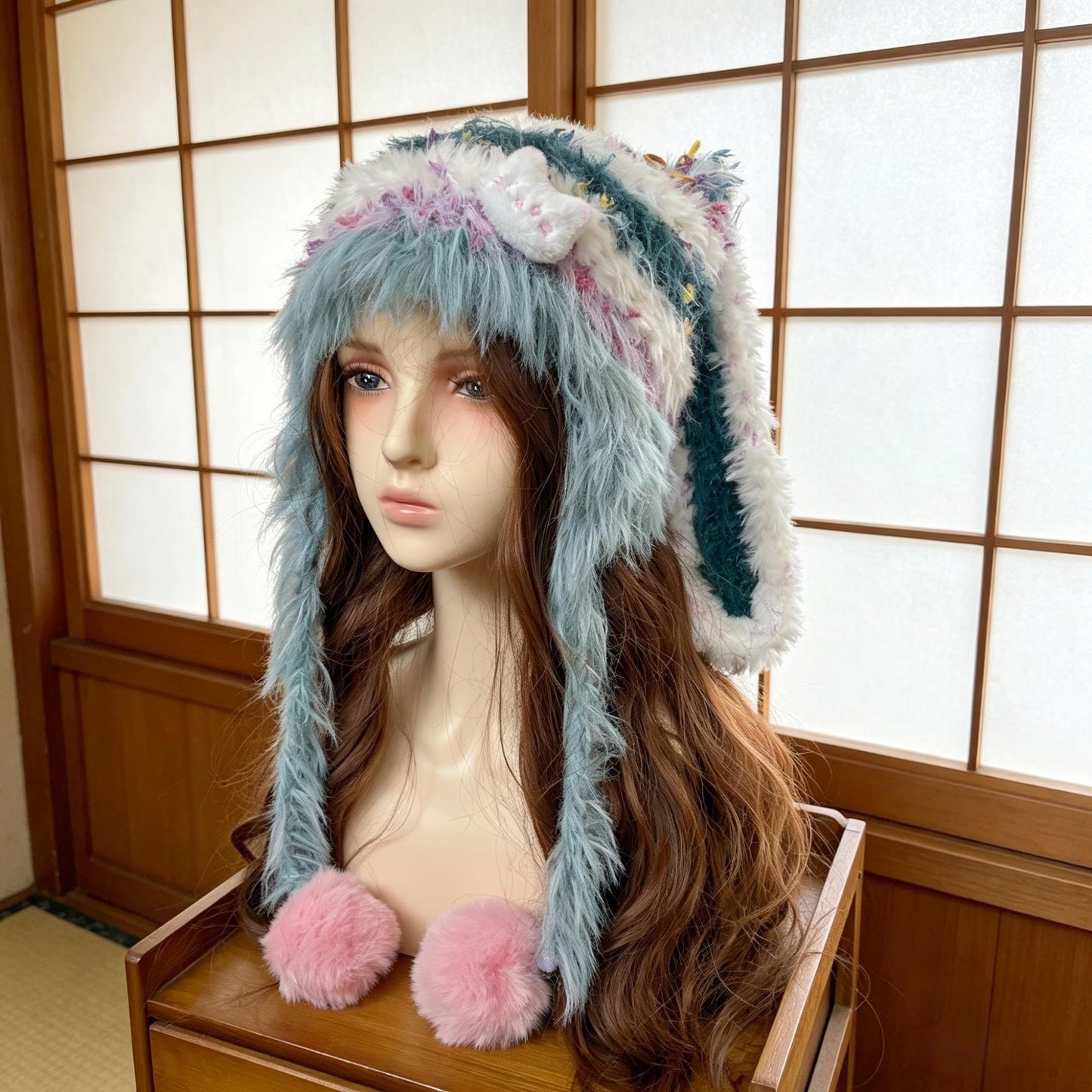 Handmade Long Ear Rabbit Beanie, Moss Green Mixed Yarn Fluffy Trapper Hat with Star Accent, Whimsical Shaggy Earflap Hat, Forest Fairycore Gift