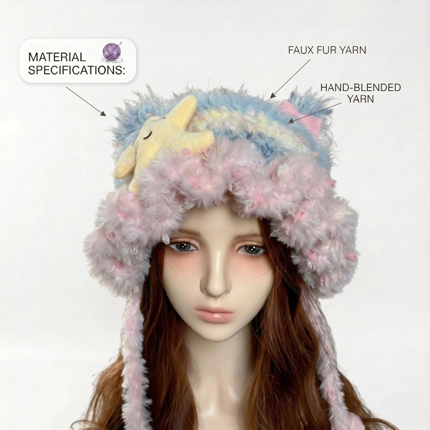 Handmade Chunky Crochet Cat Ear Beanie, Hand-Blended Yarn Fluffy Animal Hat with Star Plush, Whimsical Pastel Pink Blue Winter Earflap Bonnet