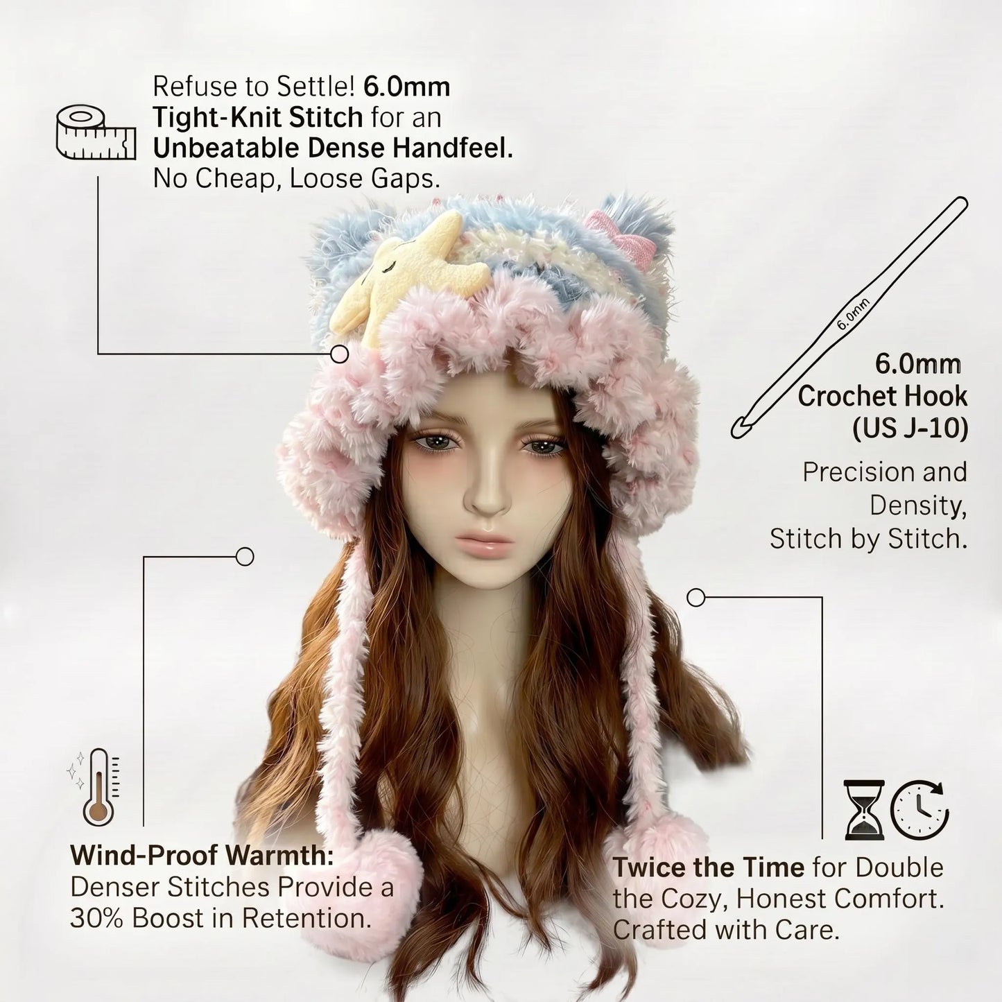 Handmade Chunky Crochet Cat Ear Beanie, Hand-Blended Yarn Fluffy Animal Hat with Star Plush, Whimsical Pastel Pink Blue Winter Earflap Bonnet