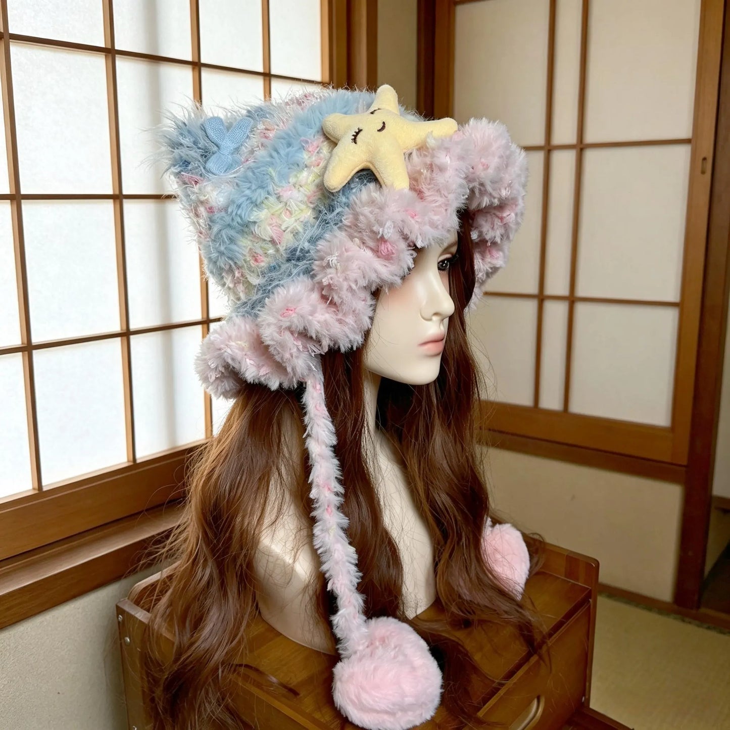 Handmade Chunky Crochet Cat Ear Beanie, Hand-Blended Yarn Fluffy Animal Hat with Star Plush, Whimsical Pastel Pink Blue Winter Earflap Bonnet