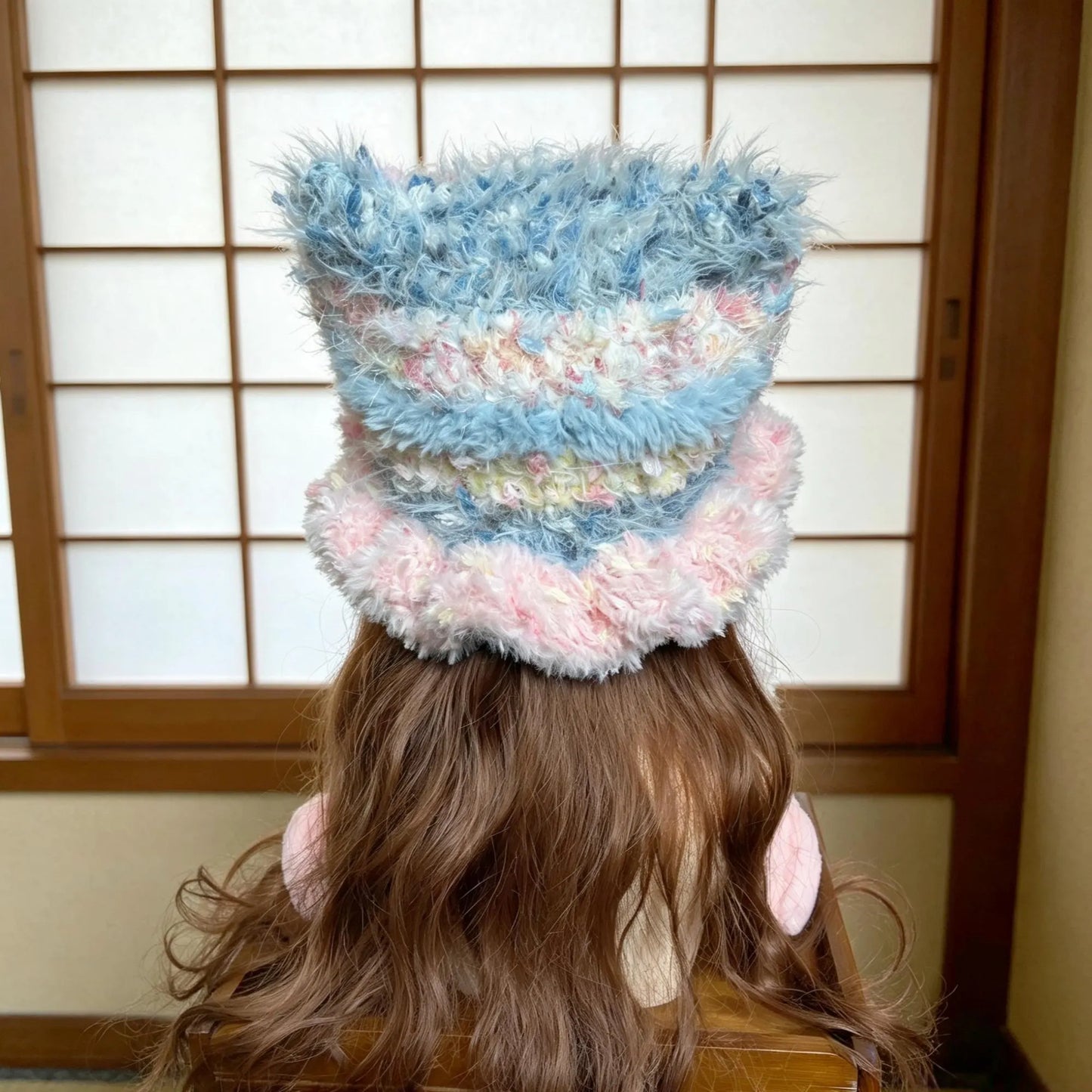 Handmade Chunky Crochet Cat Ear Beanie, Hand-Blended Yarn Fluffy Animal Hat with Star Plush, Whimsical Pastel Pink Blue Winter Earflap Bonnet