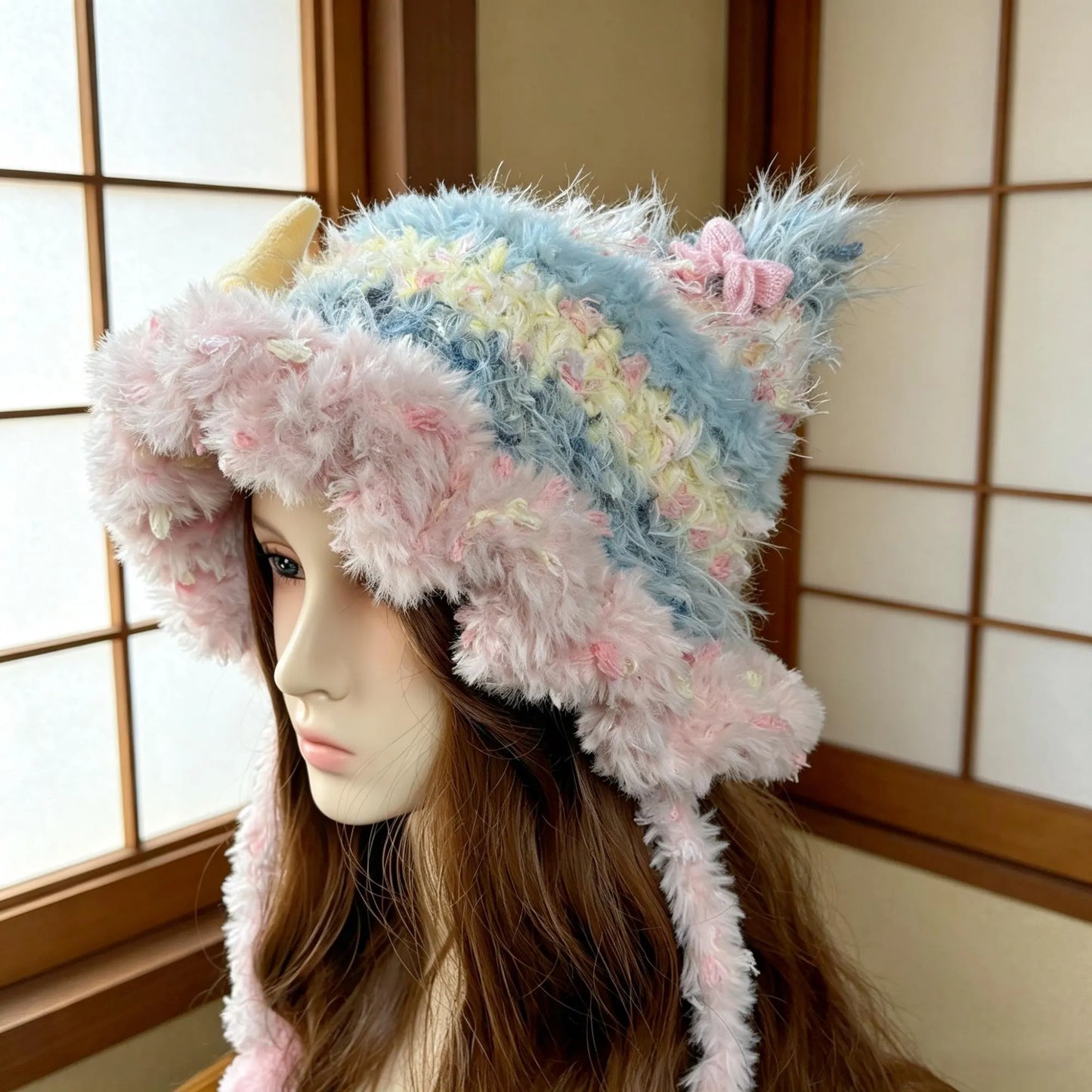 Handmade Chunky Crochet Cat Ear Beanie, Hand-Blended Yarn Fluffy Animal Hat with Star Plush, Whimsical Pastel Pink Blue Winter Earflap Bonnet