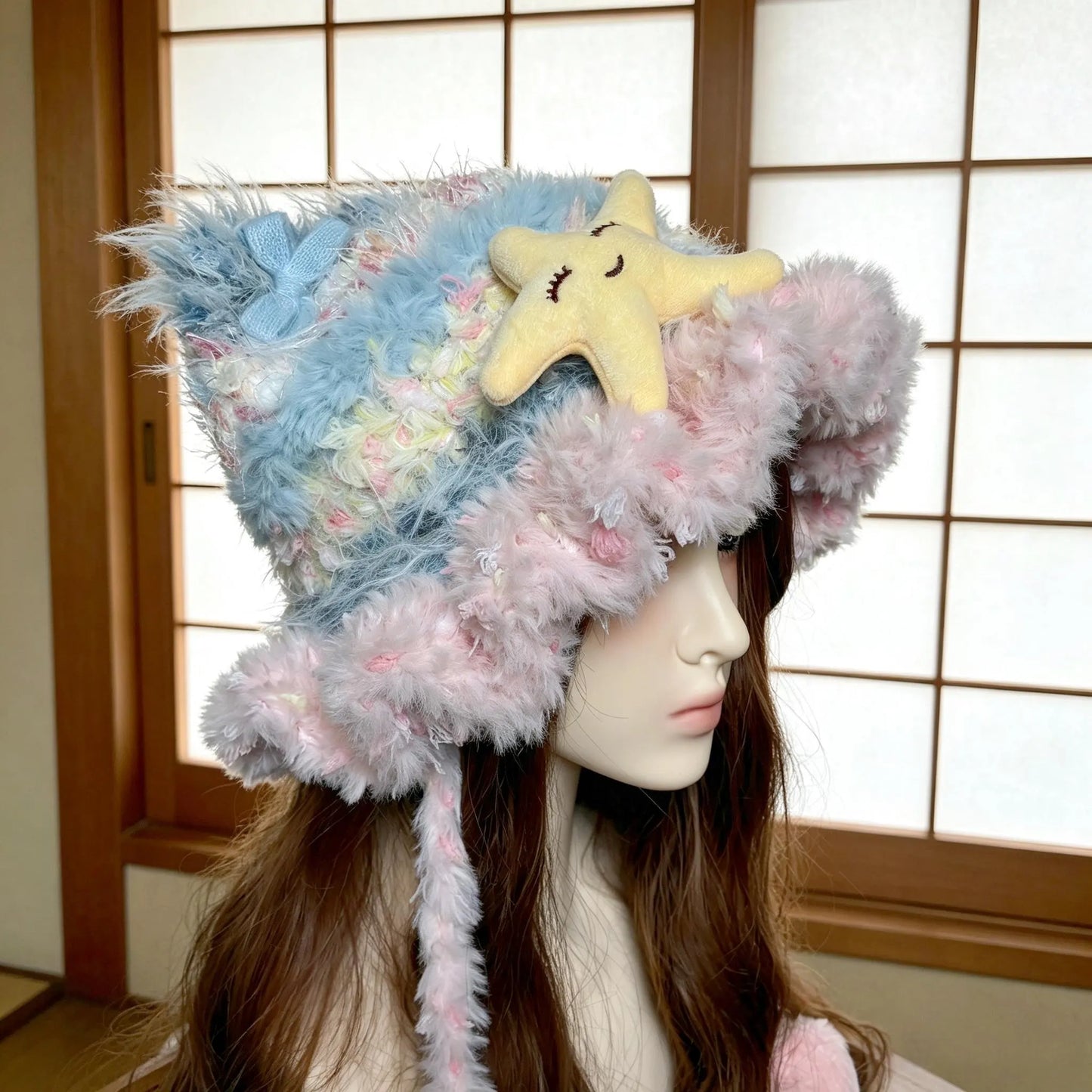 Handmade Chunky Crochet Cat Ear Beanie, Hand-Blended Yarn Fluffy Animal Hat with Star Plush, Whimsical Pastel Pink Blue Winter Earflap Bonnet