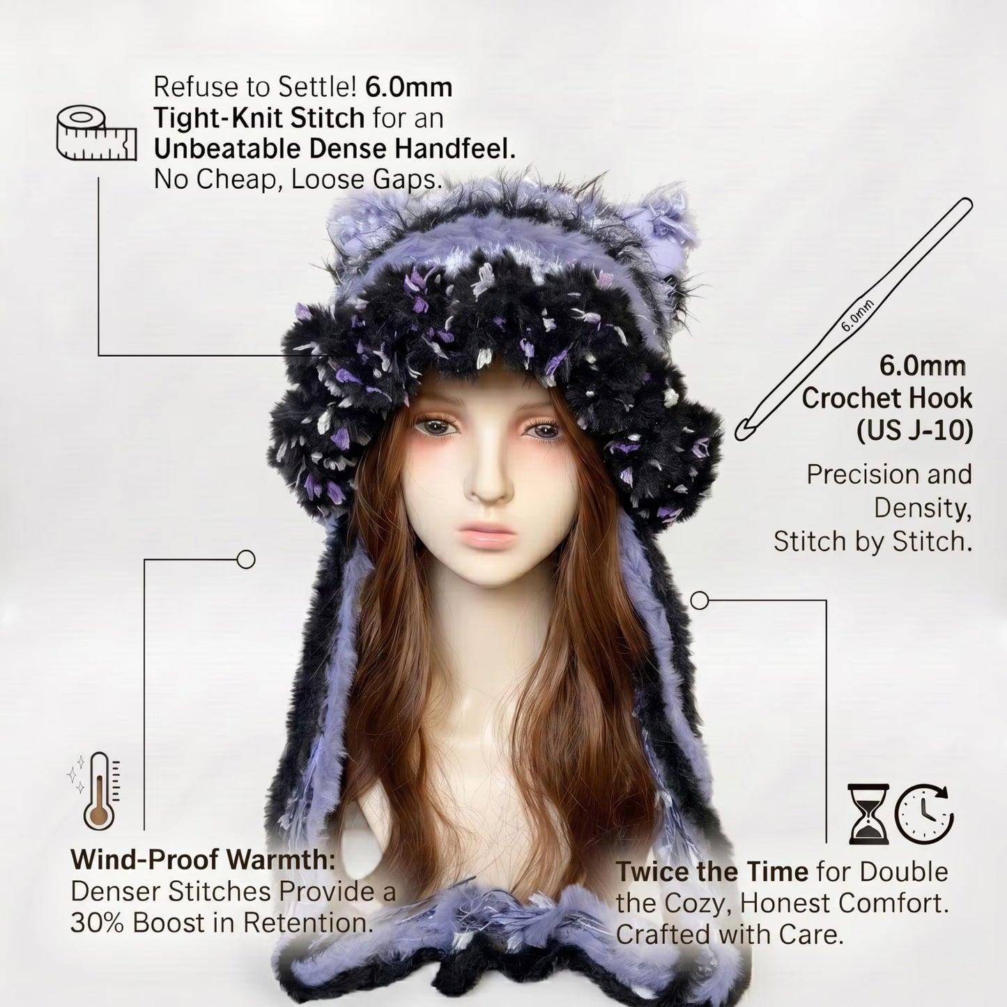 Crochet Cat Ear Hat, Goth Purple Black Faux Fur Beanie with Long Scarf Earflaps, Cute Grunge Fairycore Winter Hat, Handmade Whimsical Punk Bonnet