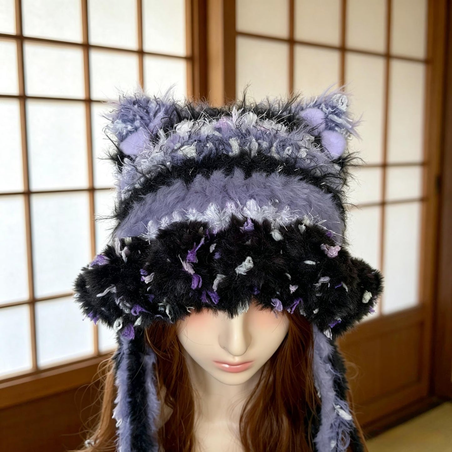 Crochet Cat Ear Hat, Goth Purple Black Faux Fur Beanie with Long Scarf Earflaps, Cute Grunge Fairycore Winter Hat, Handmade Whimsical Punk Bonnet