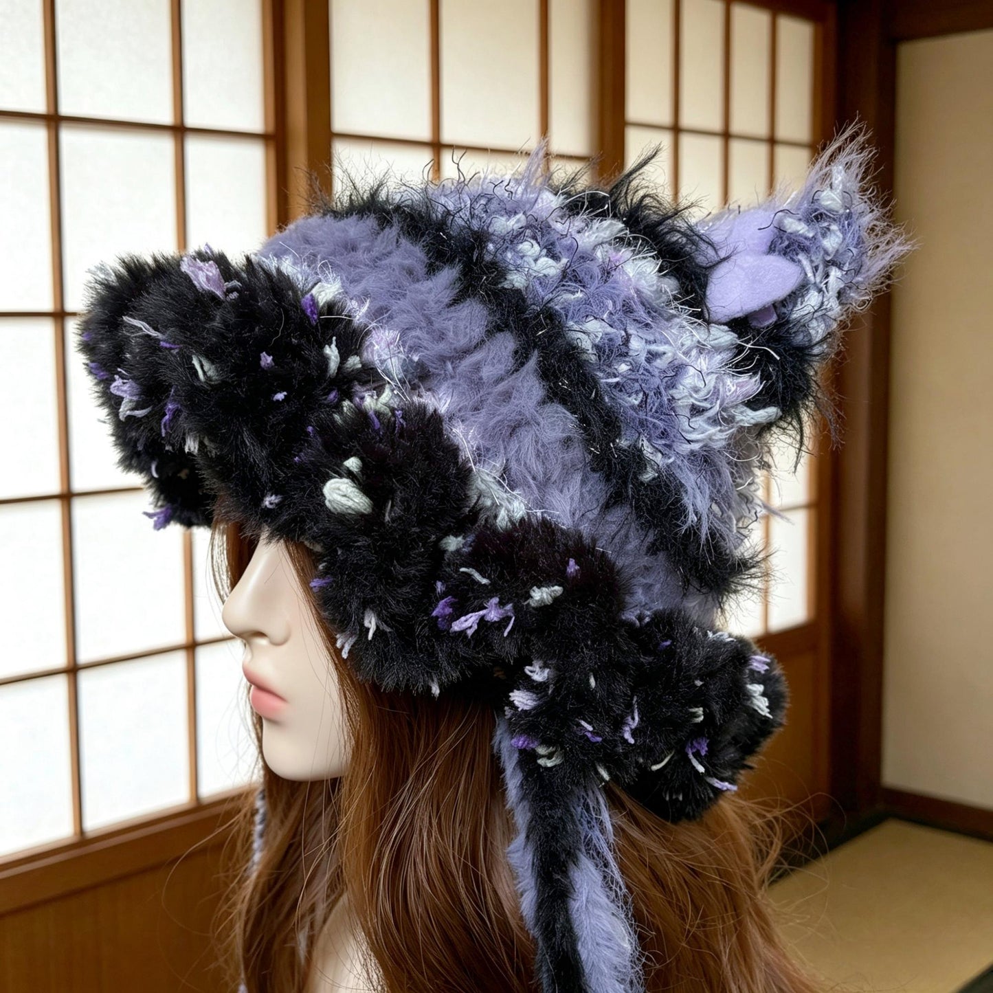 Crochet Cat Ear Hat, Goth Purple Black Faux Fur Beanie with Long Scarf Earflaps, Cute Grunge Fairycore Winter Hat, Handmade Whimsical Punk Bonnet