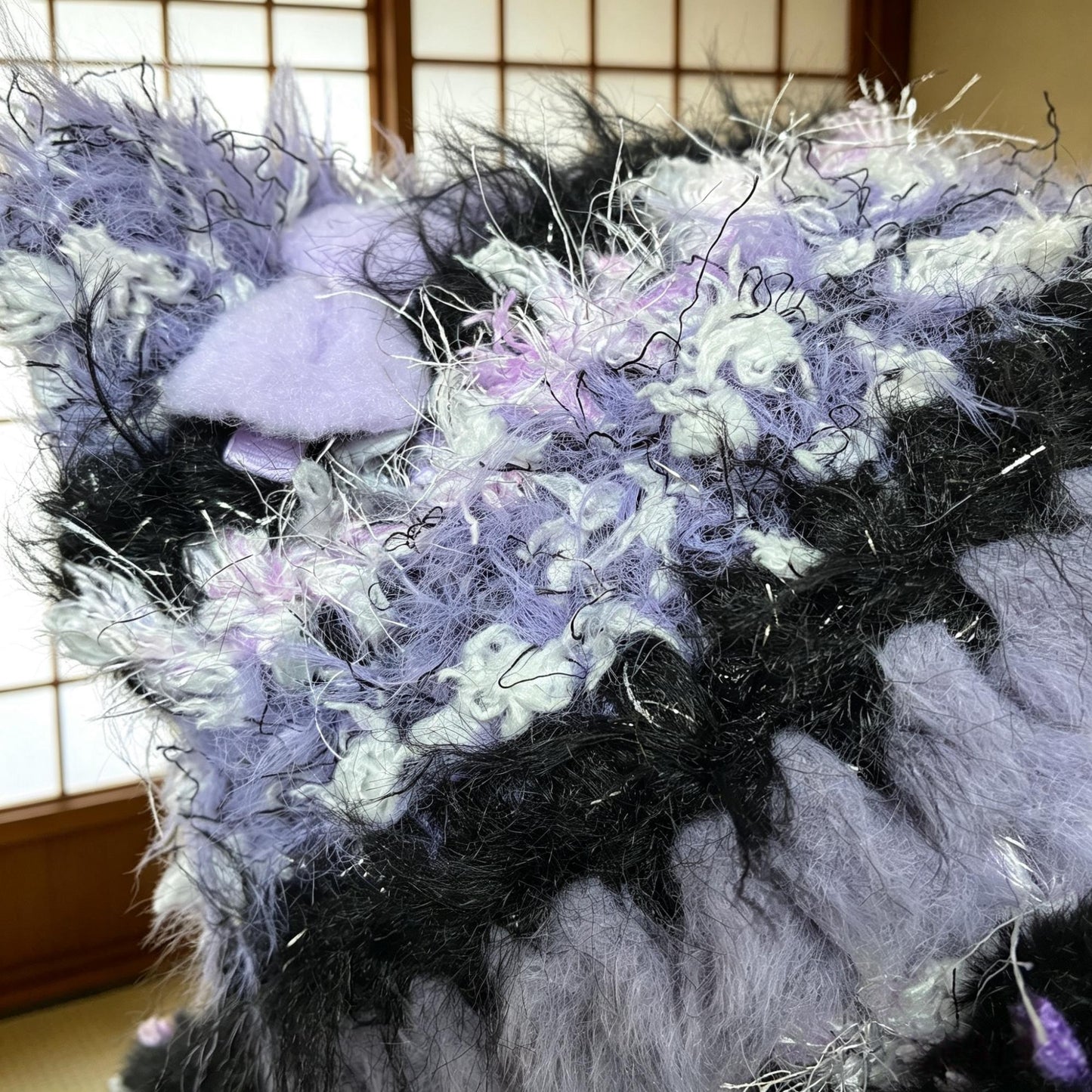 Crochet Cat Ear Hat, Goth Purple Black Faux Fur Beanie with Long Scarf Earflaps, Cute Grunge Fairycore Winter Hat, Handmade Whimsical Punk Bonnet