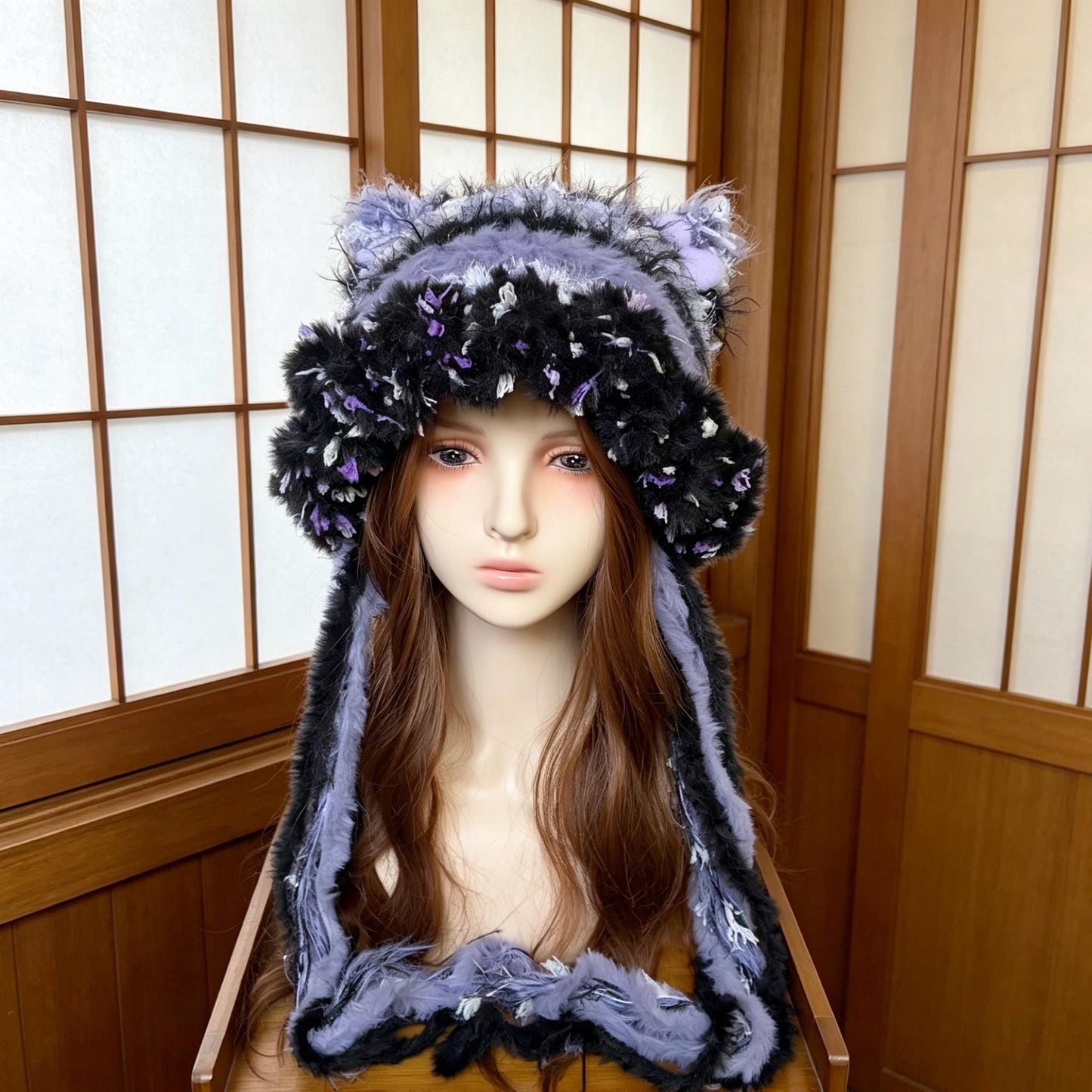 Crochet Cat Ear Hat, Goth Purple Black Faux Fur Beanie with Long Scarf Earflaps, Cute Grunge Fairycore Winter Hat, Handmade Whimsical Punk Bonnet