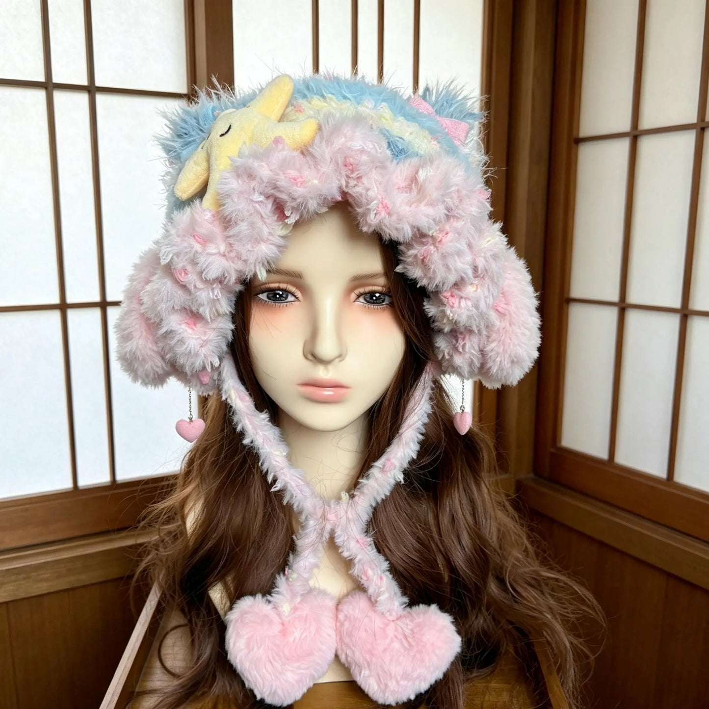 Handmade Chunky Crochet Cat Ear Beanie, Hand-Blended Yarn Fluffy Animal Hat with Star Plush, Whimsical Pastel Pink Blue Winter Earflap Bonnet