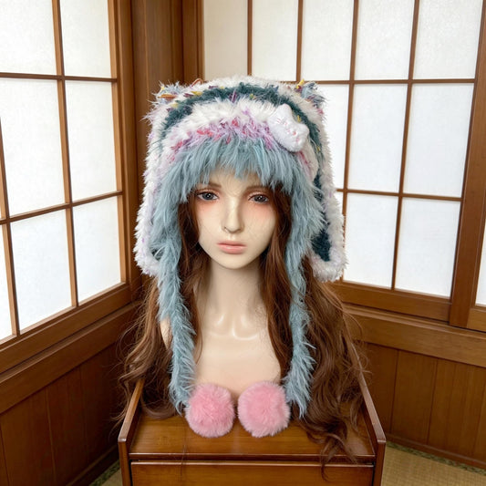 Handmade Chunky Crochet Cat Ear Beanie, Brown Moss Green Mixed Yarn Fluffy Animal Hat, Whimsical Shaggy Trapper Hat, Forest Fairycore Winter Gift