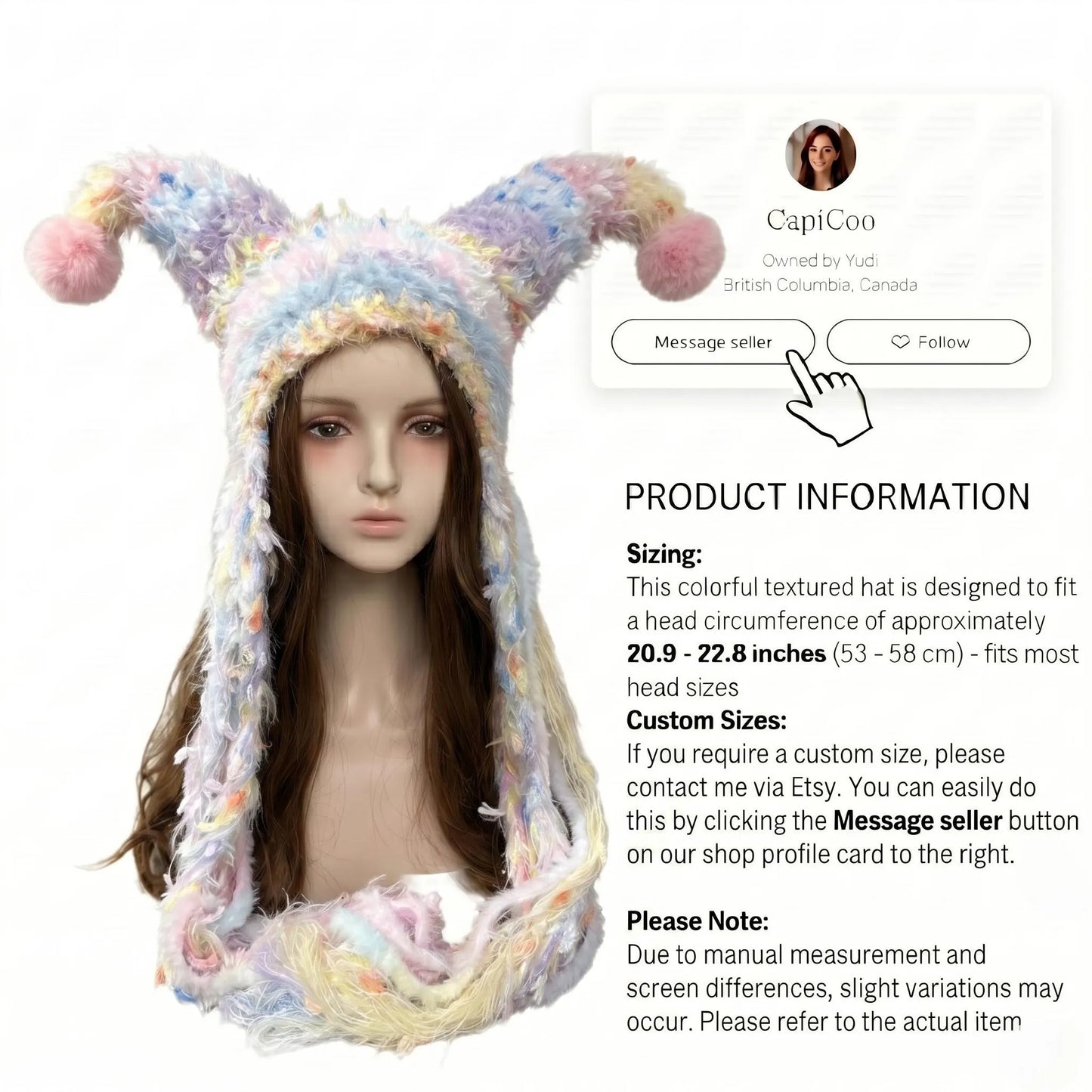 Handmade Pastel Fuzzy Jester Hat with Pom Poms