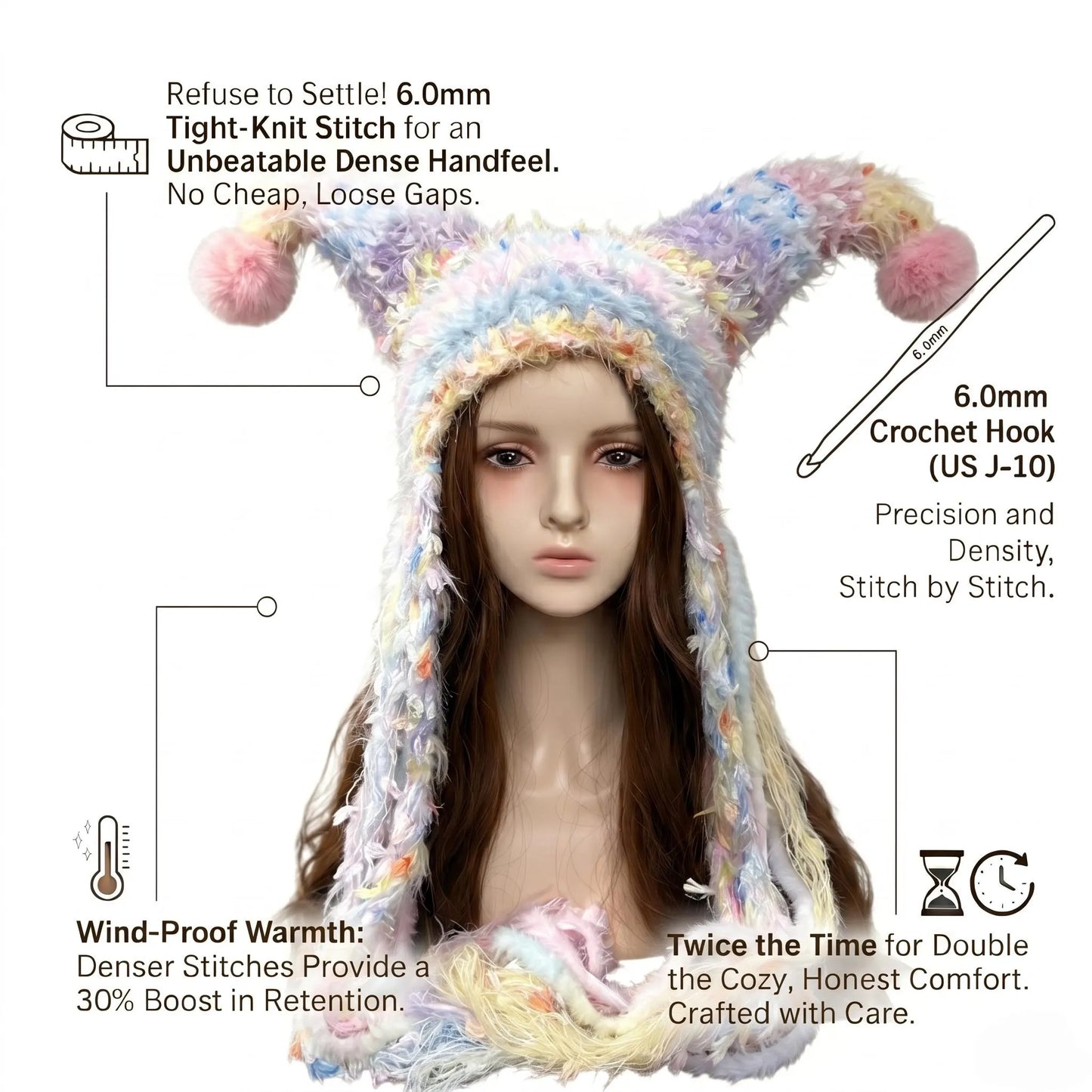 Handmade Pastel Fuzzy Jester Hat with Pom Poms
