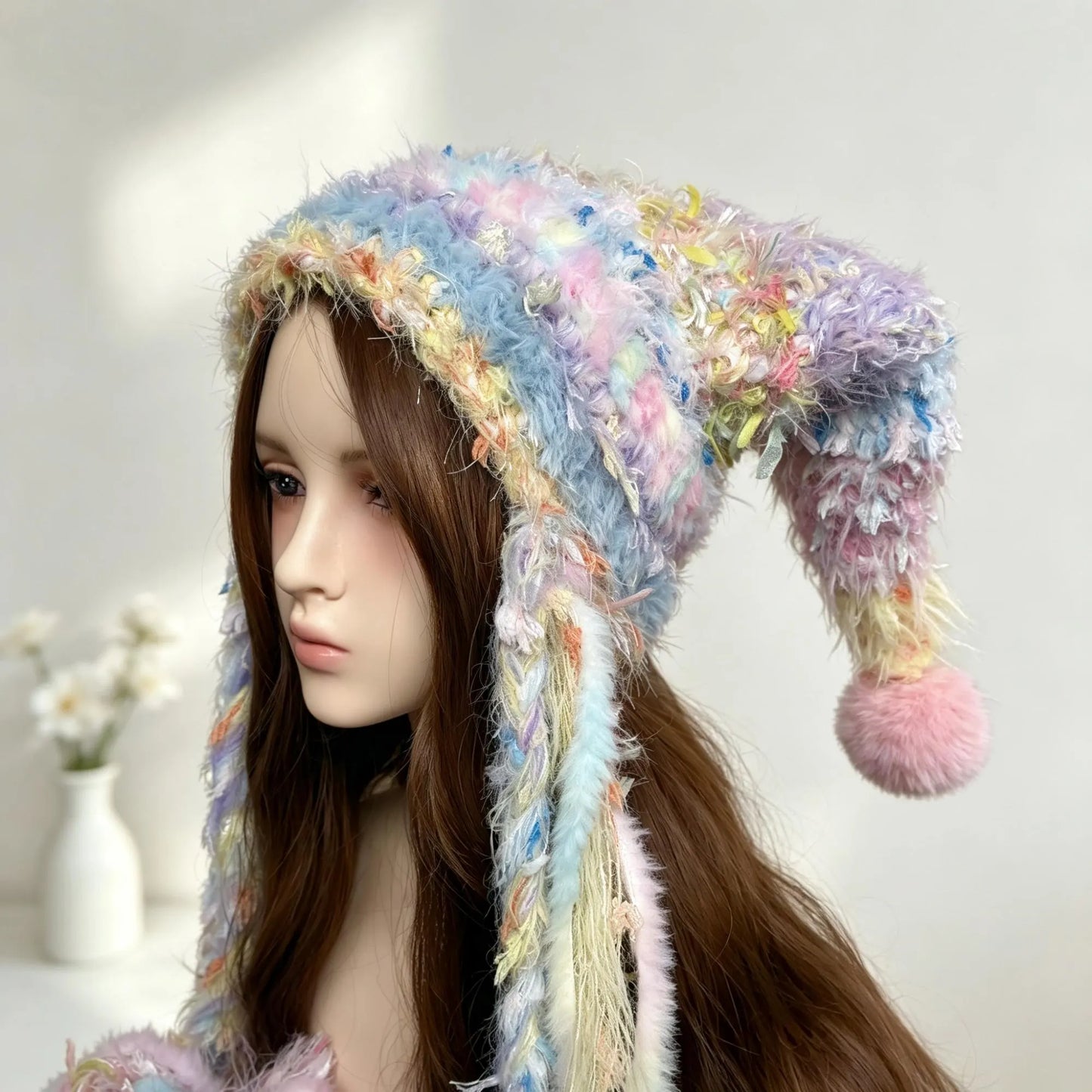 Handmade Pastel Fuzzy Jester Hat with Pom Poms
