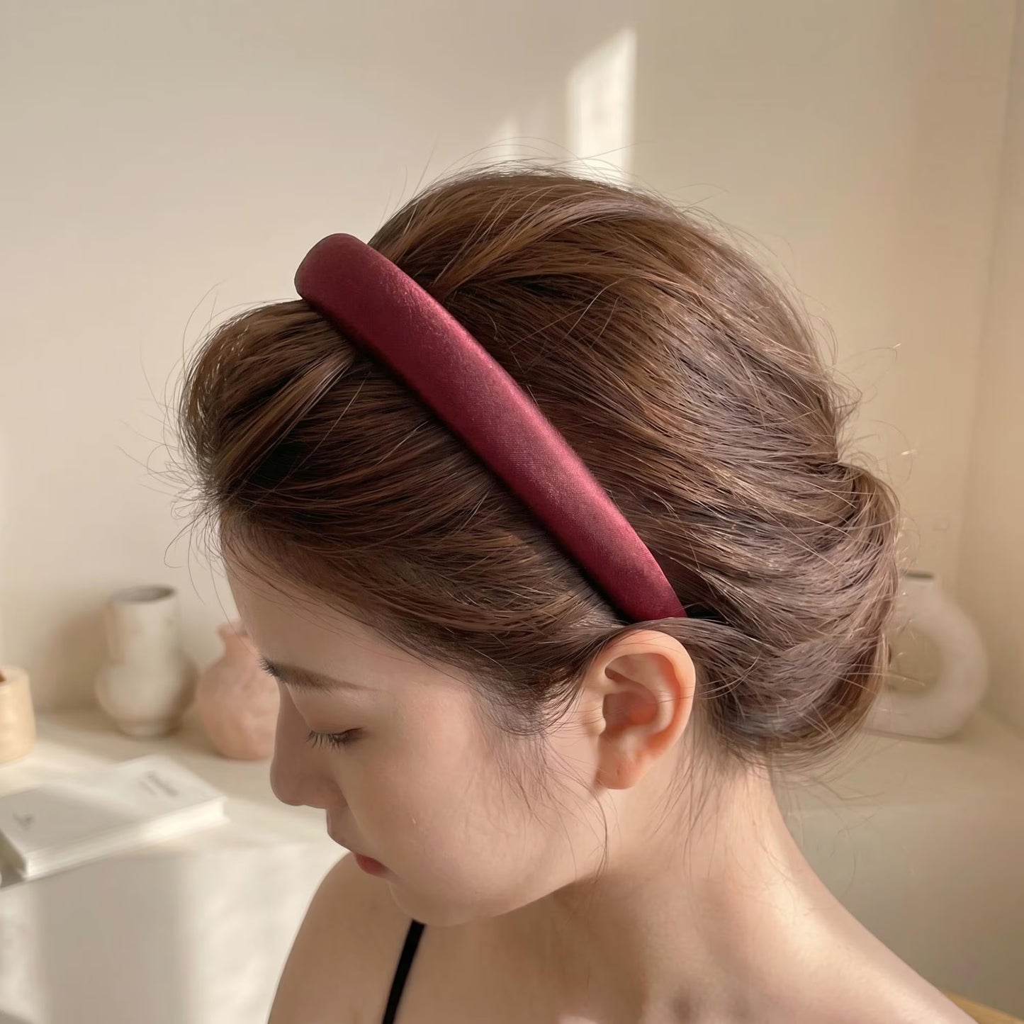 100% Pure Silk Satin Padded Headband | French Chic Wide Hairband in Espresso, Champagne, Dark Red, Grey, Black