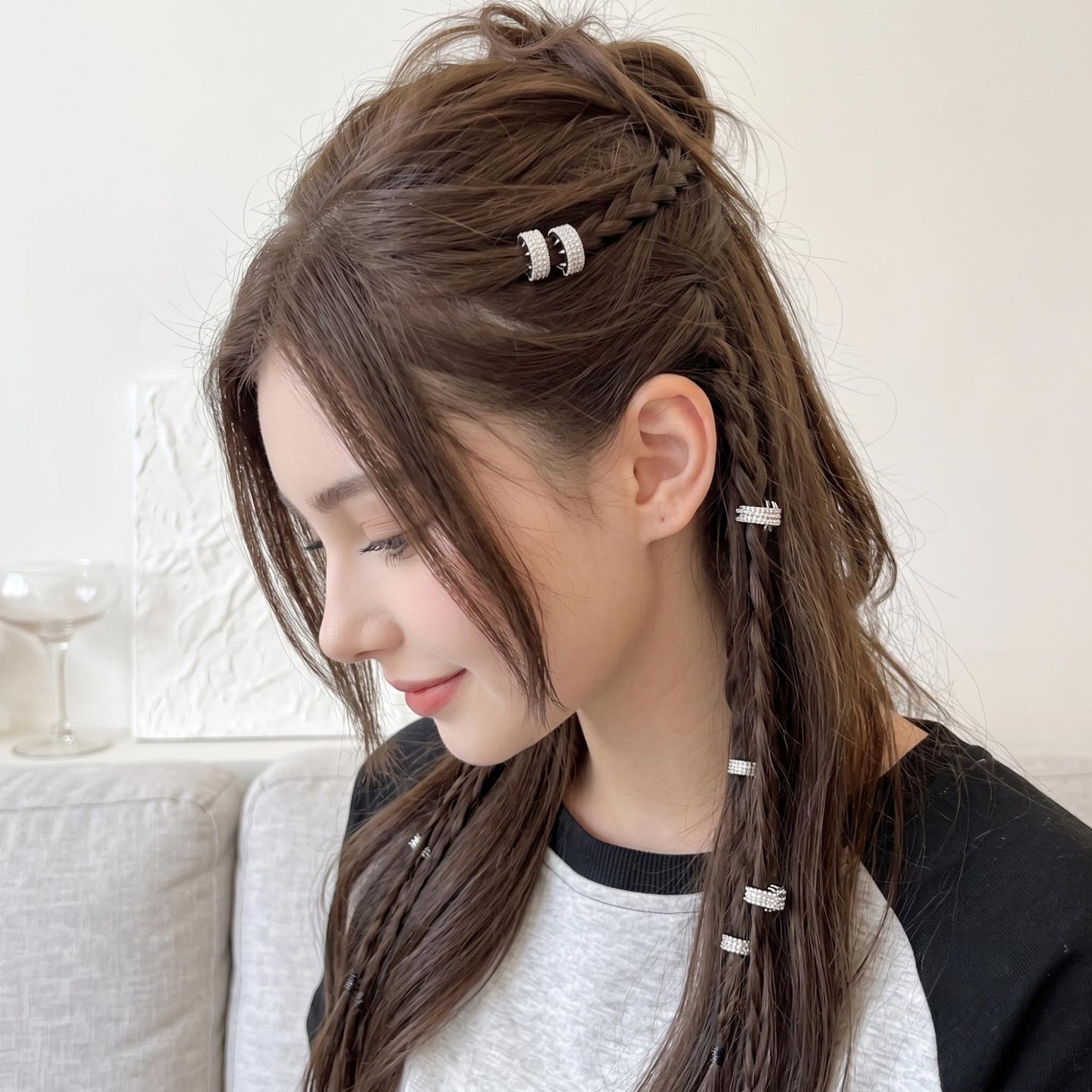 Crystal Rhinestone Braid Rings & Hair Cuff Set