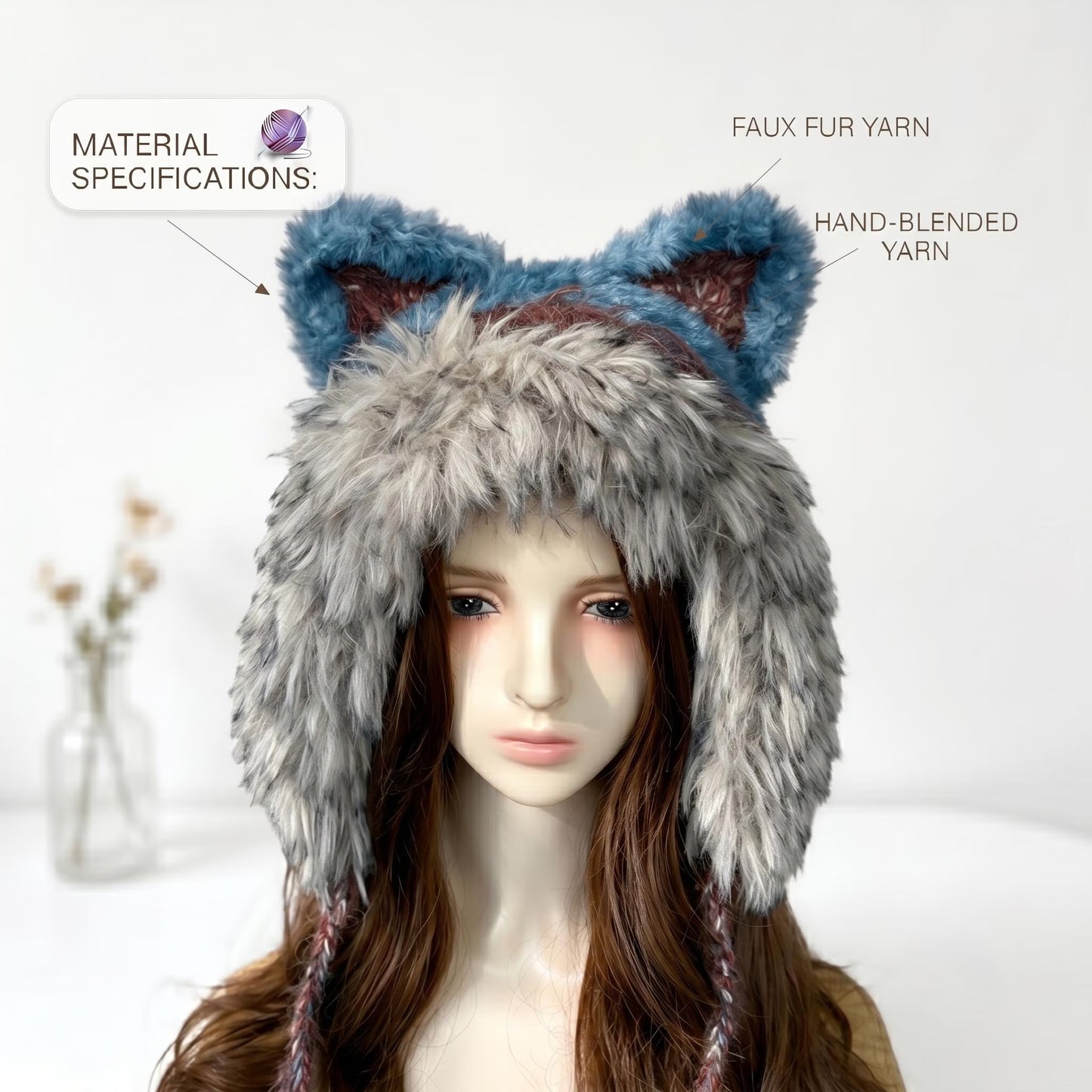 Handmade Knit Fox Ear Trapper Hat | Fluffy Faux Fur Animal Ear Beanie with Braided Tassels