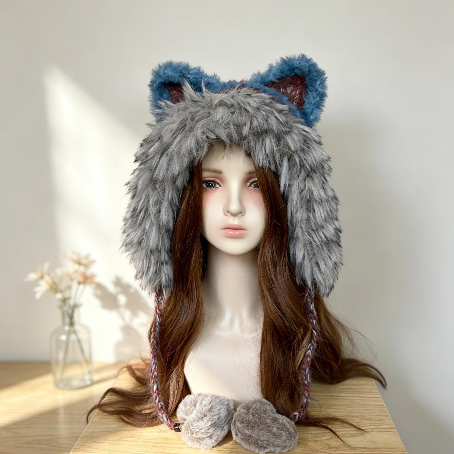Handmade Knit Fox Ear Trapper Hat | Fluffy Faux Fur Animal Ear Beanie with Braided Tassels