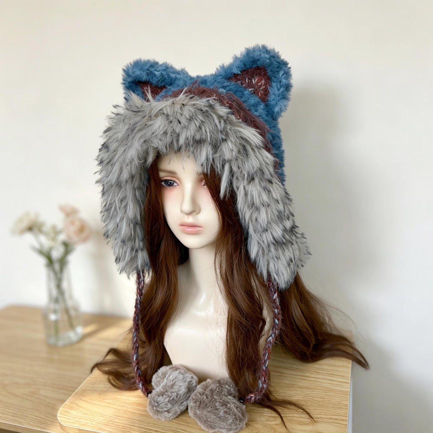 Handmade Knit Fox Ear Trapper Hat | Fluffy Faux Fur Animal Ear Beanie with Braided Tassels