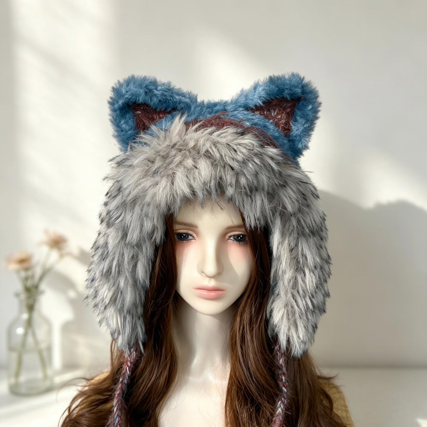 Handmade Knit Fox Ear Trapper Hat | Fluffy Faux Fur Animal Ear Beanie with Braided Tassels