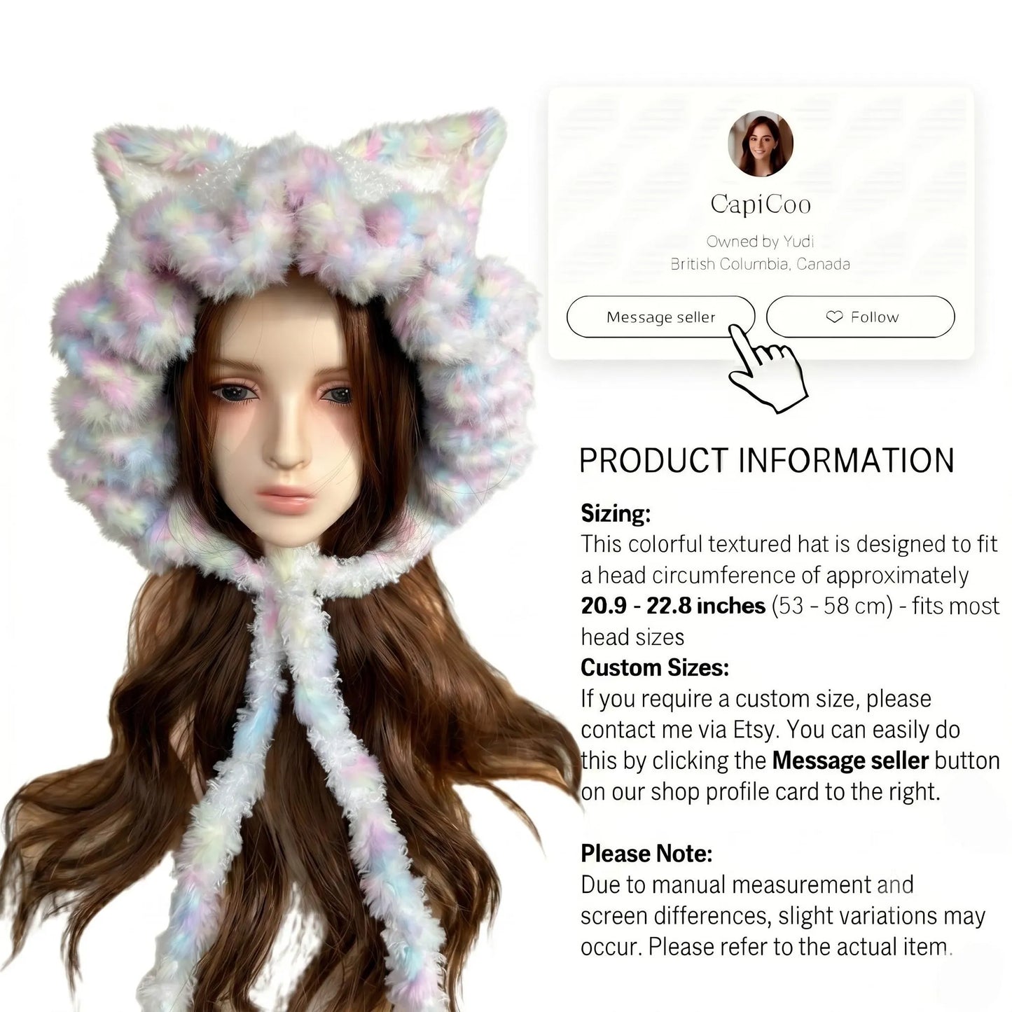 Handmade Pastel Rainbow Cat Ear Ruffle Hat