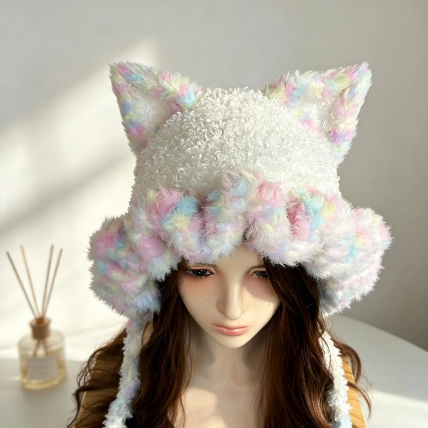 Handmade Pastel Rainbow Cat Ear Ruffle Hat