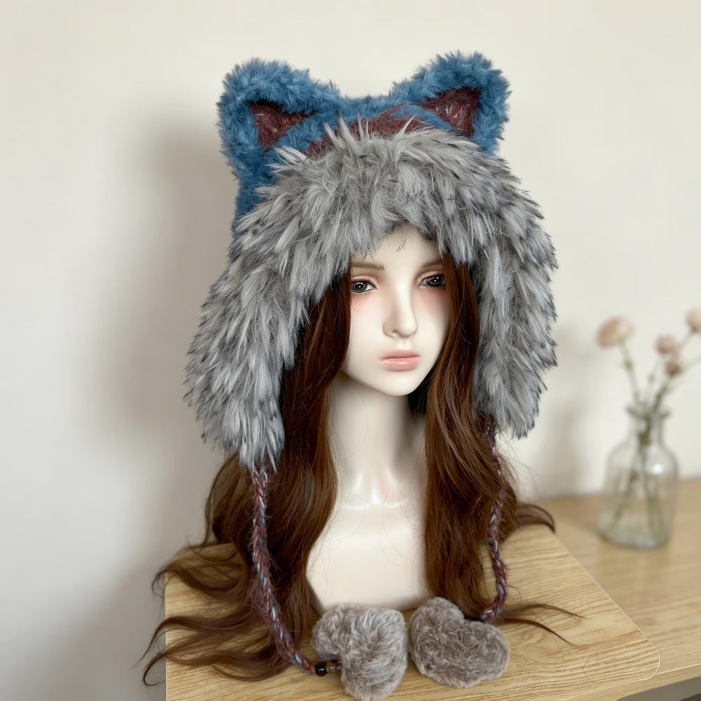 Handmade Knit Fox Ear Trapper Hat | Fluffy Faux Fur Animal Ear Beanie with Braided Tassels