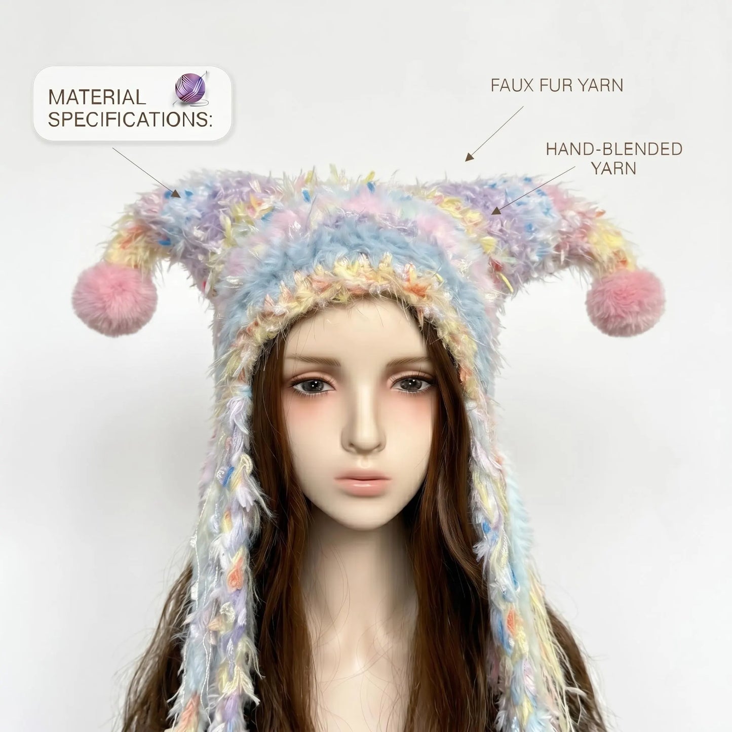 Handmade Pastel Fuzzy Jester Hat with Pom Poms