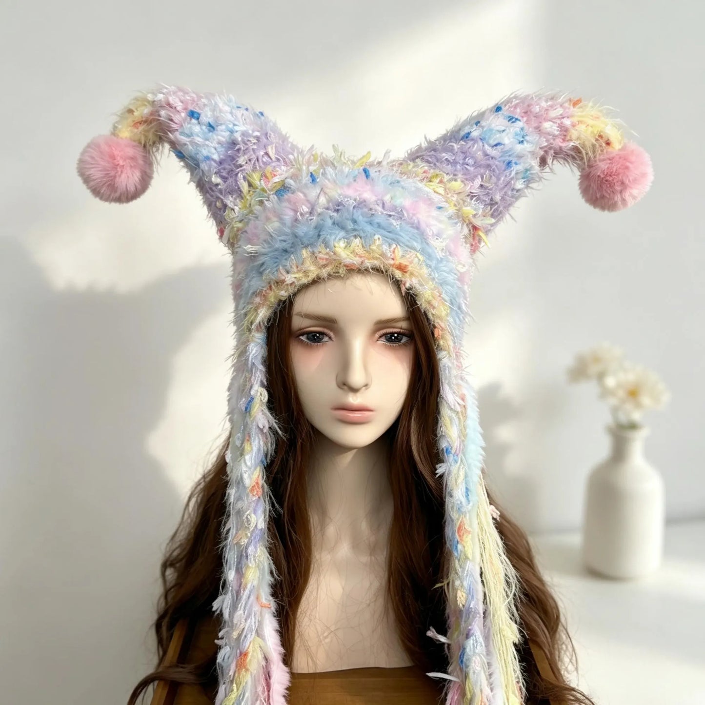 Handmade Pastel Fuzzy Jester Hat with Pom Poms
