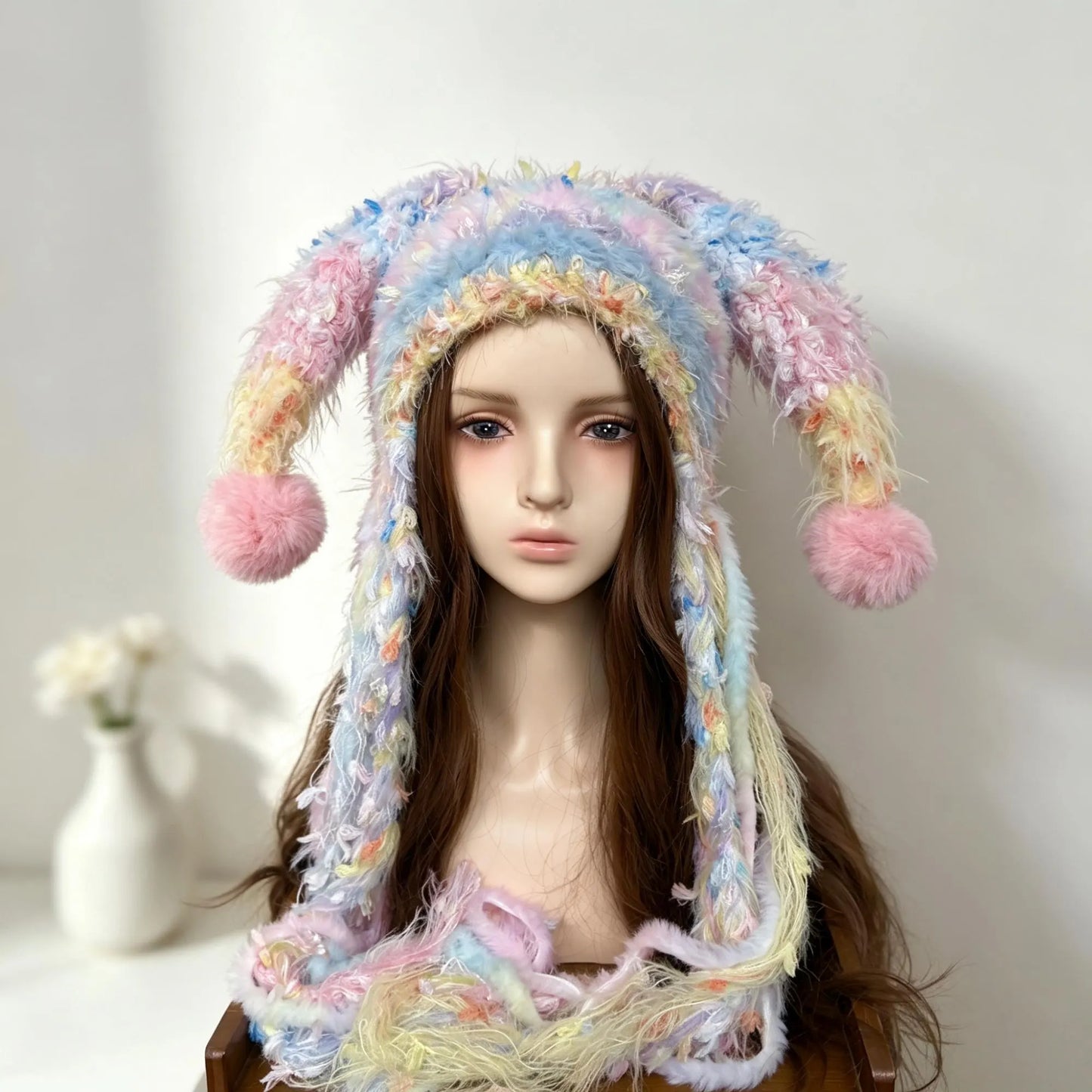 Handmade Pastel Fuzzy Jester Hat with Pom Poms