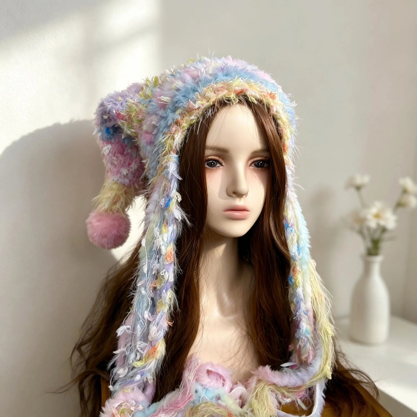 Handmade Pastel Fuzzy Jester Hat with Pom Poms