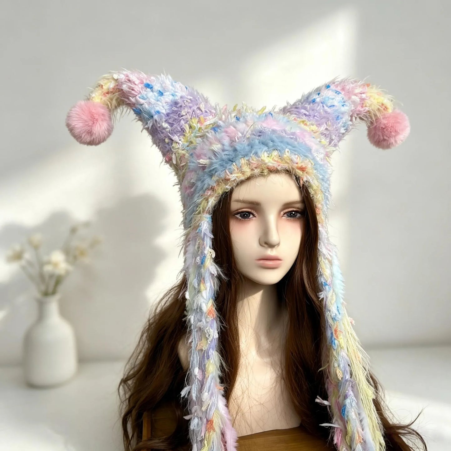 Handmade Pastel Fuzzy Jester Hat with Pom Poms