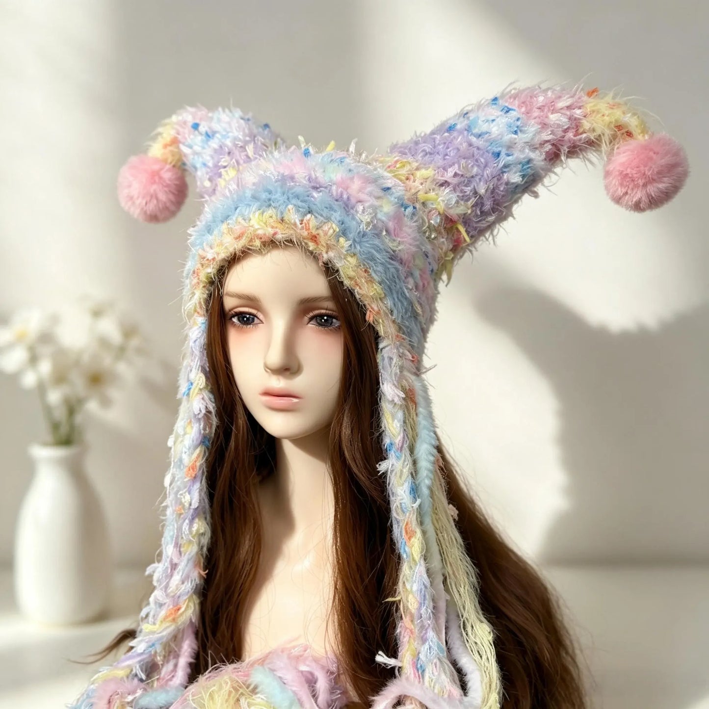 Handmade Pastel Fuzzy Jester Hat with Pom Poms