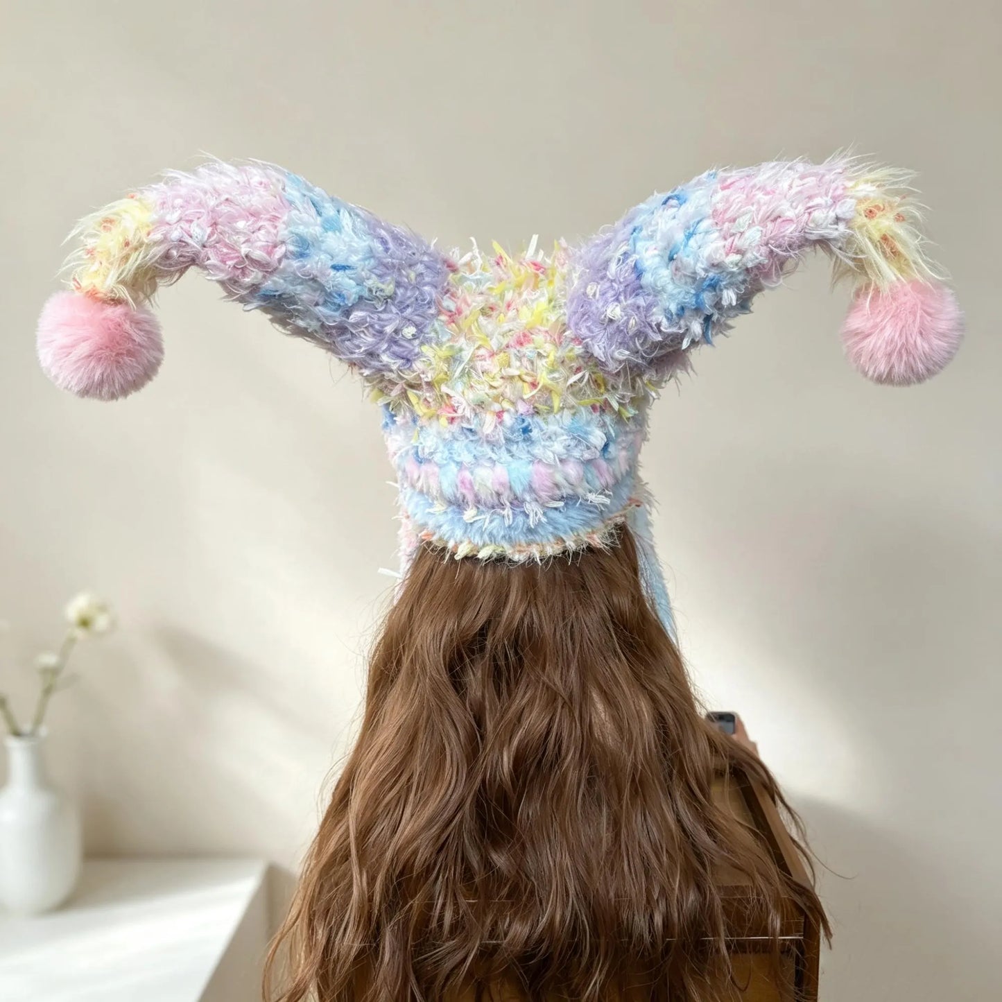 Handmade Pastel Fuzzy Jester Hat with Pom Poms