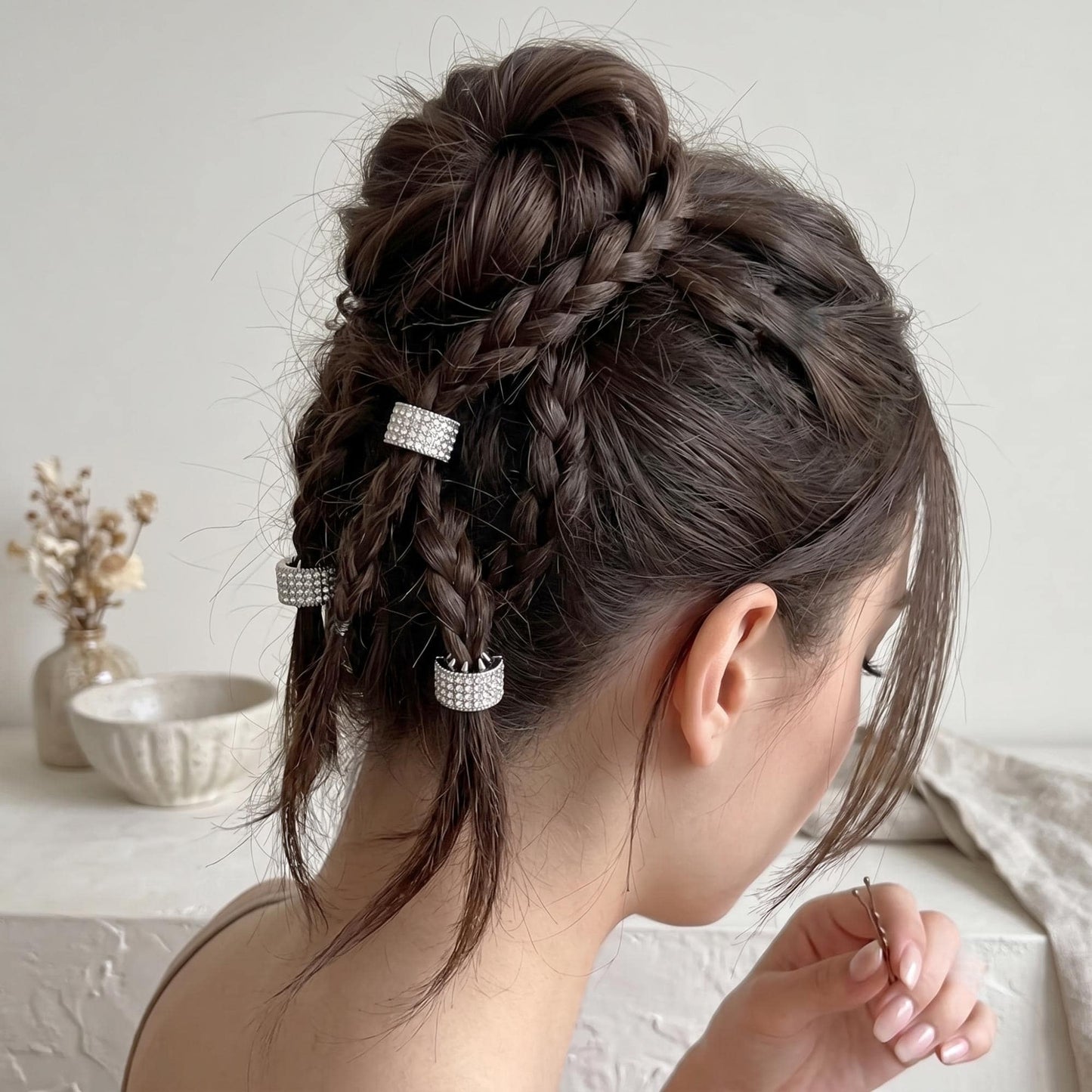 Crystal Rhinestone Braid Rings & Hair Cuff Set