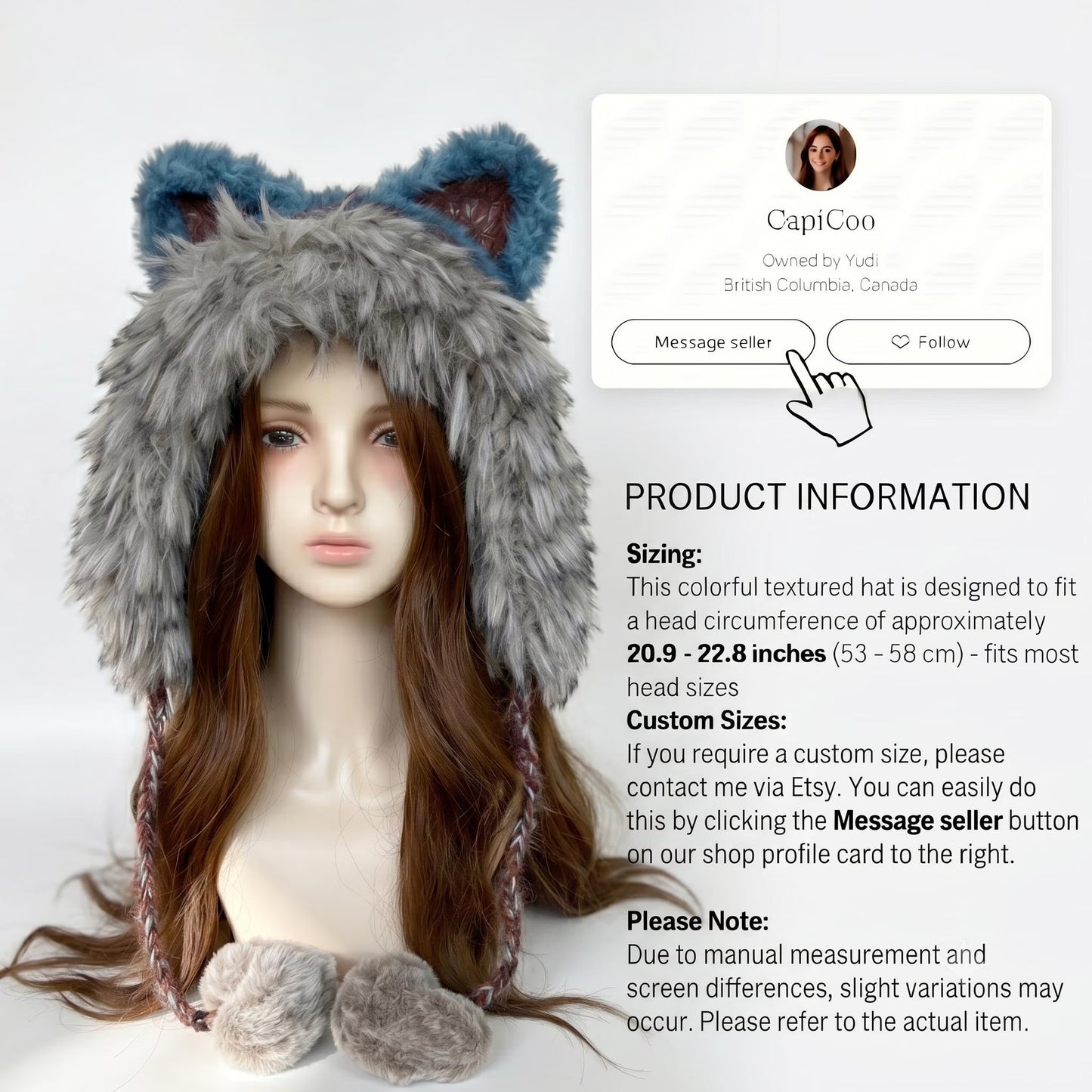 Handmade Knit Fox Ear Trapper Hat | Fluffy Faux Fur Animal Ear Beanie with Braided Tassels