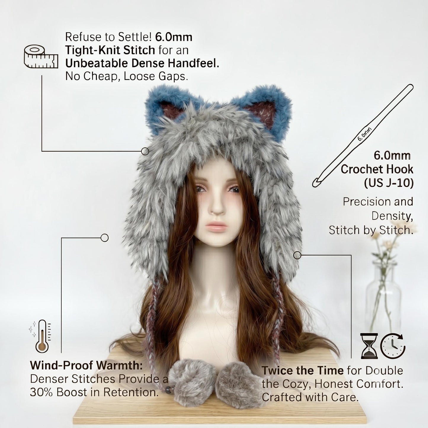 Handmade Knit Fox Ear Trapper Hat | Fluffy Faux Fur Animal Ear Beanie with Braided Tassels
