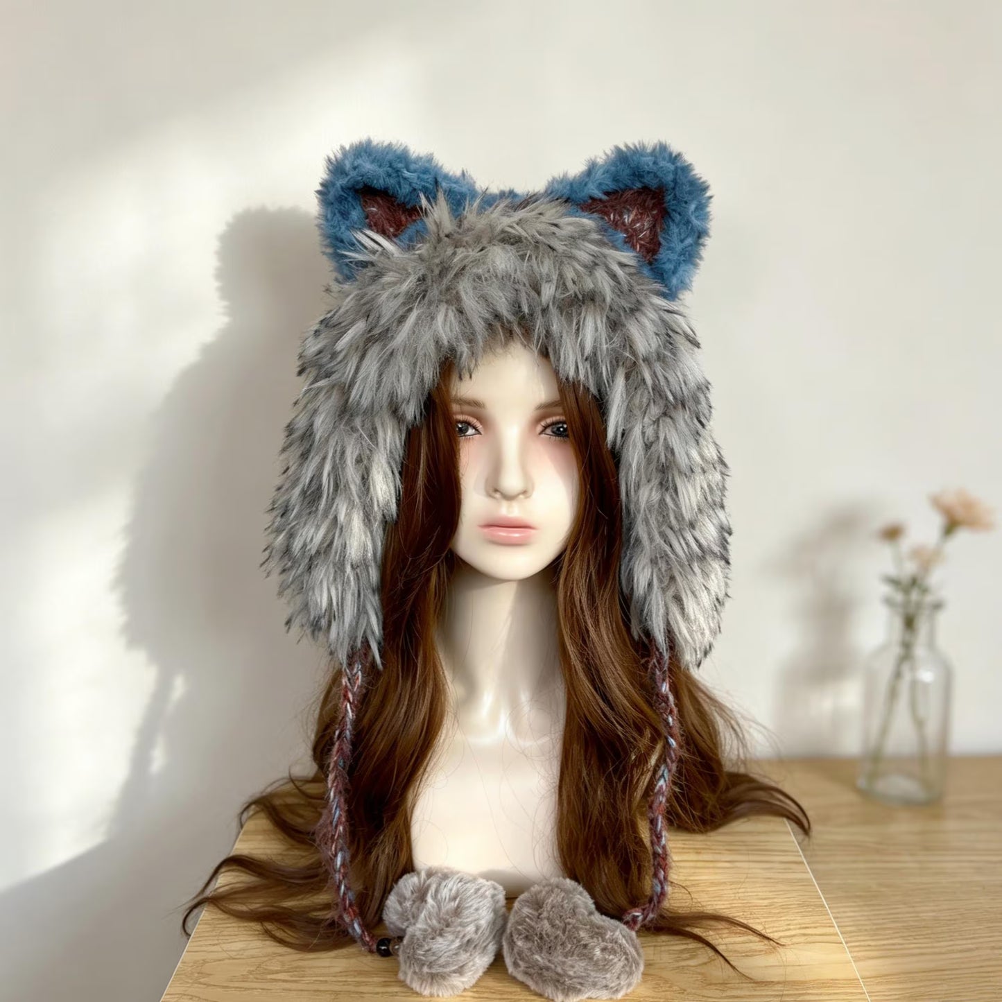 Handmade Knit Fox Ear Trapper Hat | Fluffy Faux Fur Animal Ear Beanie with Braided Tassels